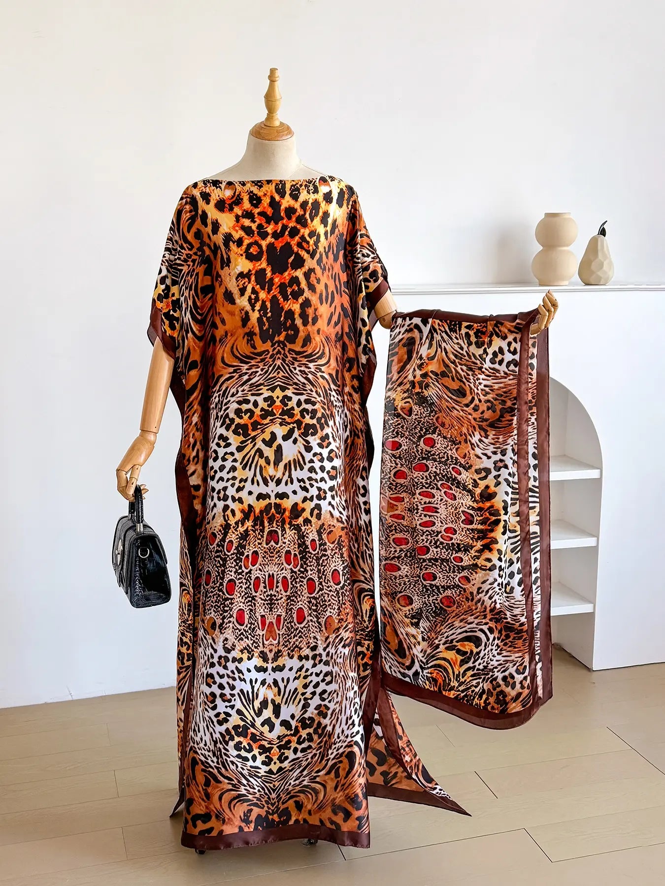 Women'S Leopard Print Long Sleeve Kimono & Scarf Set, Casual Open Front Outerwear & Shawl, Ladies Clothes for Beach Vacation, Beach Swimsuit Coverup, Womenswear, Leopard Pattern