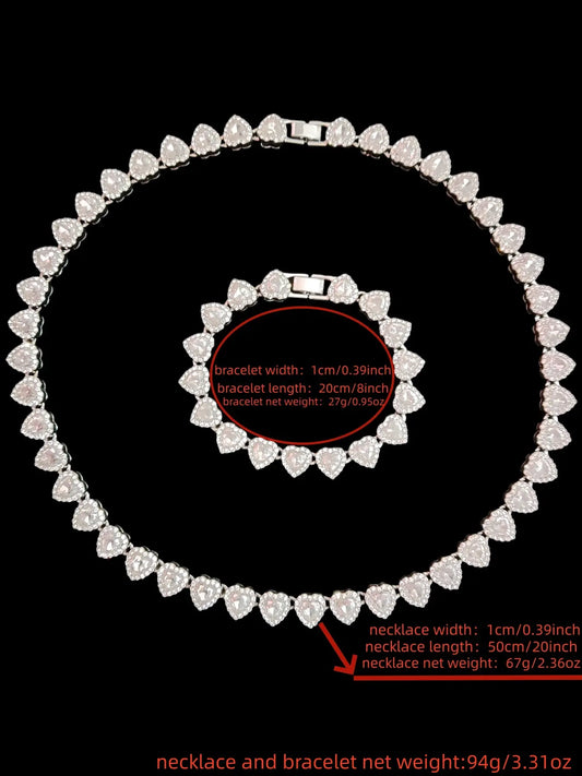 2 Pieces/Set 10Mm Love Heart Shape Chain Necklace and Bracelet for Men or Women, Hip Hop Iced Out Bling Bling Fashionable Jewelry Gift Set