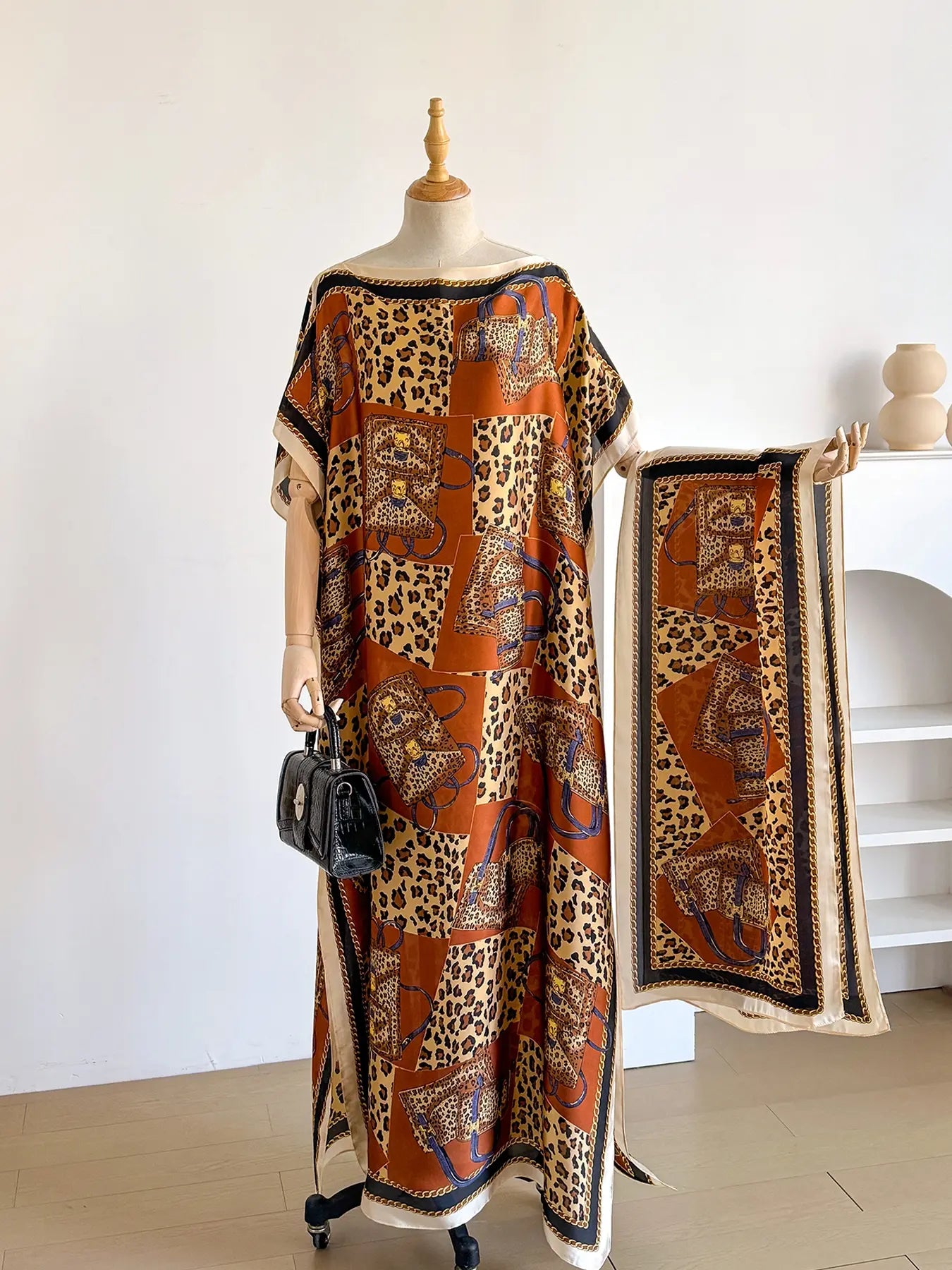 Women'S Leopard Print Long Sleeve Kimono & Scarf Set, Casual Open Front Outerwear & Shawl, Ladies Clothes for Beach Vacation, Beach Swimsuit Coverup, Womenswear, Leopard Pattern