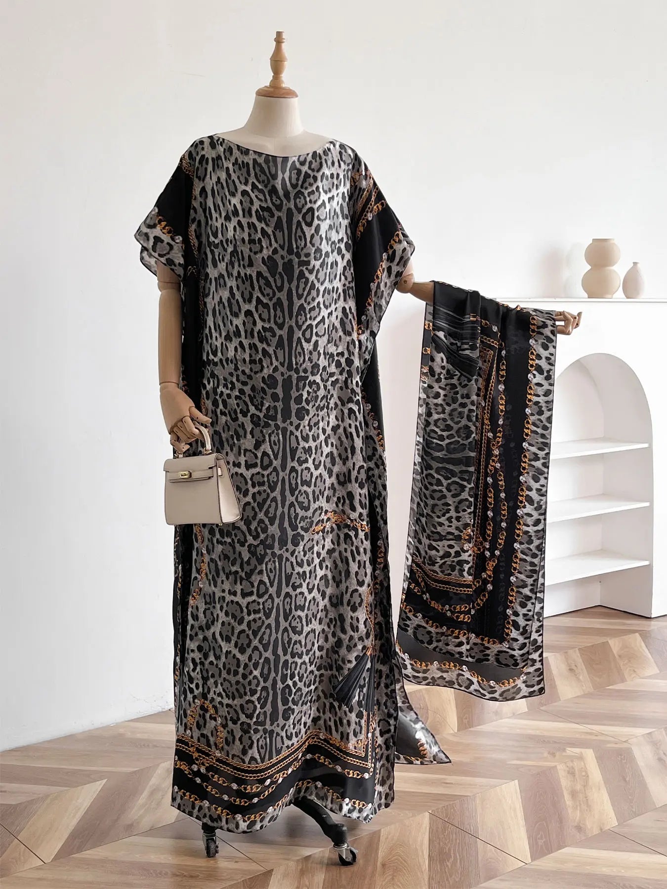Women'S Leopard Print Long Sleeve Kimono & Scarf Set, Casual Open Front Outerwear & Shawl, Ladies Clothes for Beach Vacation, Beach Swimsuit Coverup, Womenswear, Leopard Pattern