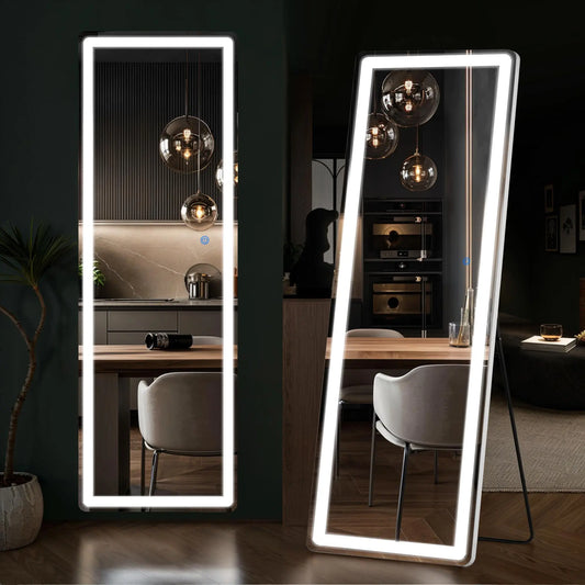 Mirror Full Length Standing with LED Lights, Floor Mirror with Stand, W/Dimming & 3 Color Lighting, Wall Mirror Aluminum Alloy Decor