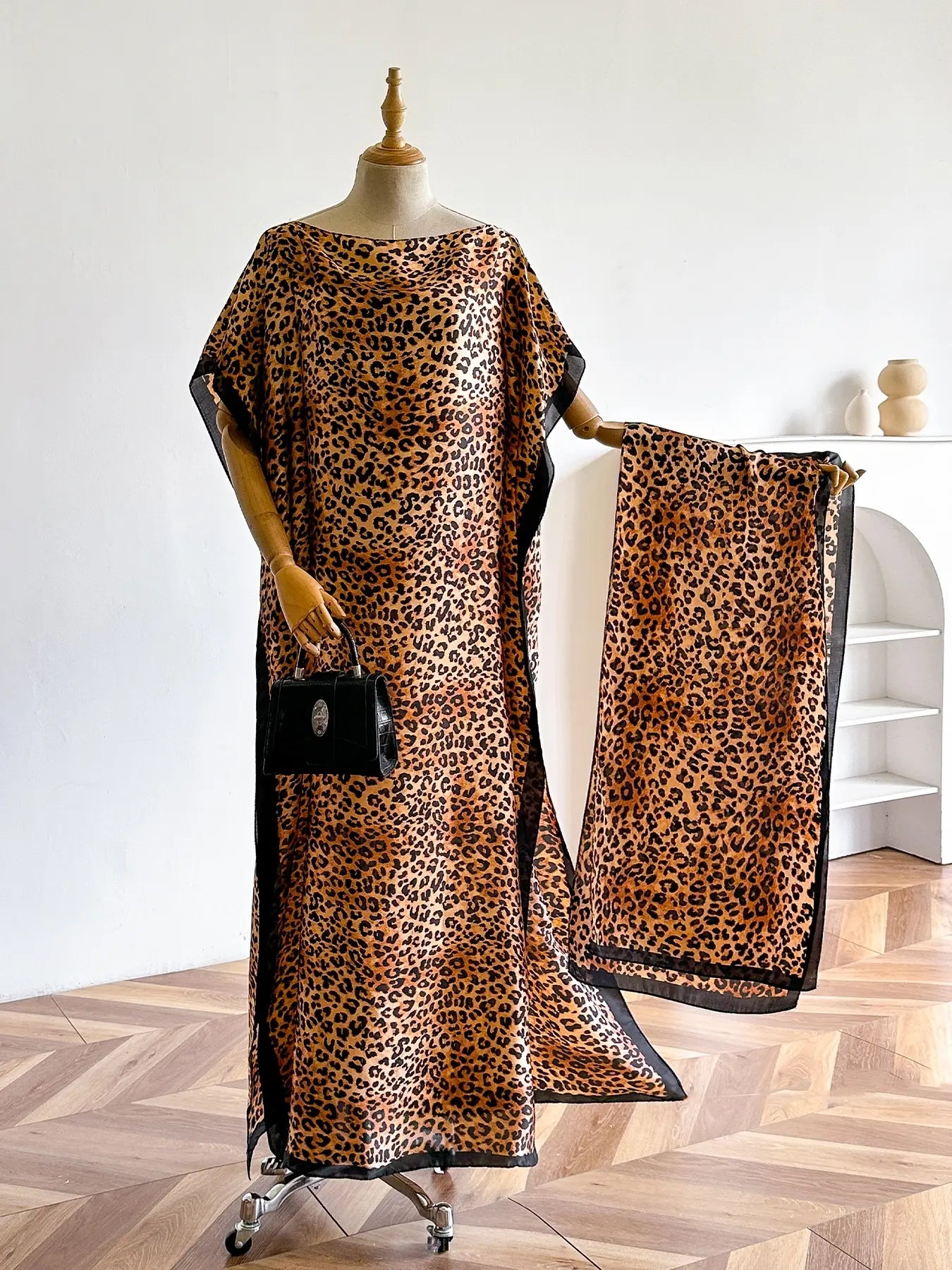 Women'S Leopard Print Long Sleeve Kimono & Scarf Set, Casual Open Front Outerwear & Shawl, Ladies Clothes for Beach Vacation, Beach Swimsuit Coverup, Womenswear, Leopard Pattern