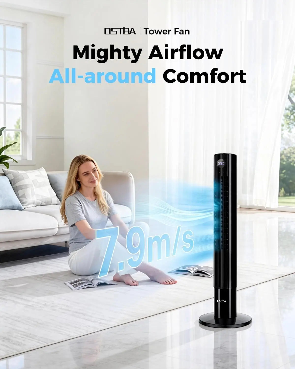 OSTBA 43" Bladeless Tower Fan with Remote, 85° Oscillation, Touch LED Display, 12H Timer, 3 Speeds, 2 Cooling Modes, 28Db Quiet Standing Floor Fan for Bedroom, Home
