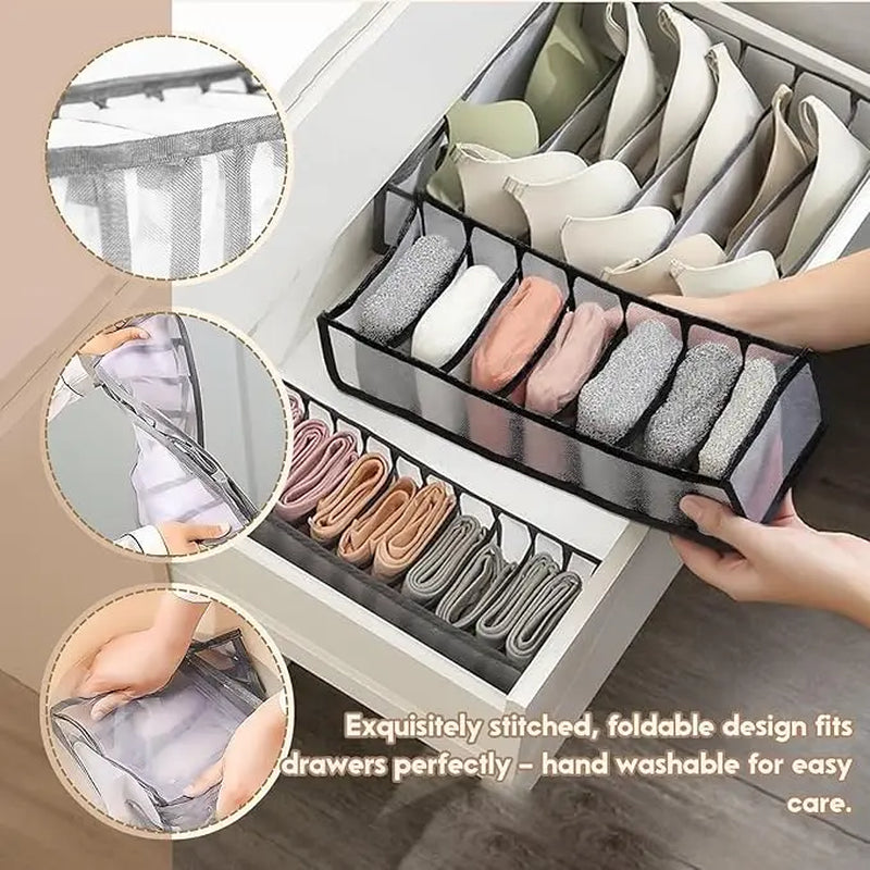 6-Compartment Drawer Organizer | Foldable Fabric Storage Bin for Bras, Underwear & Socks | Closet and Dresser Divider Box | Space-Saving Wardrobe Organizer for Shelves, Bedrooms & Travel | Grey