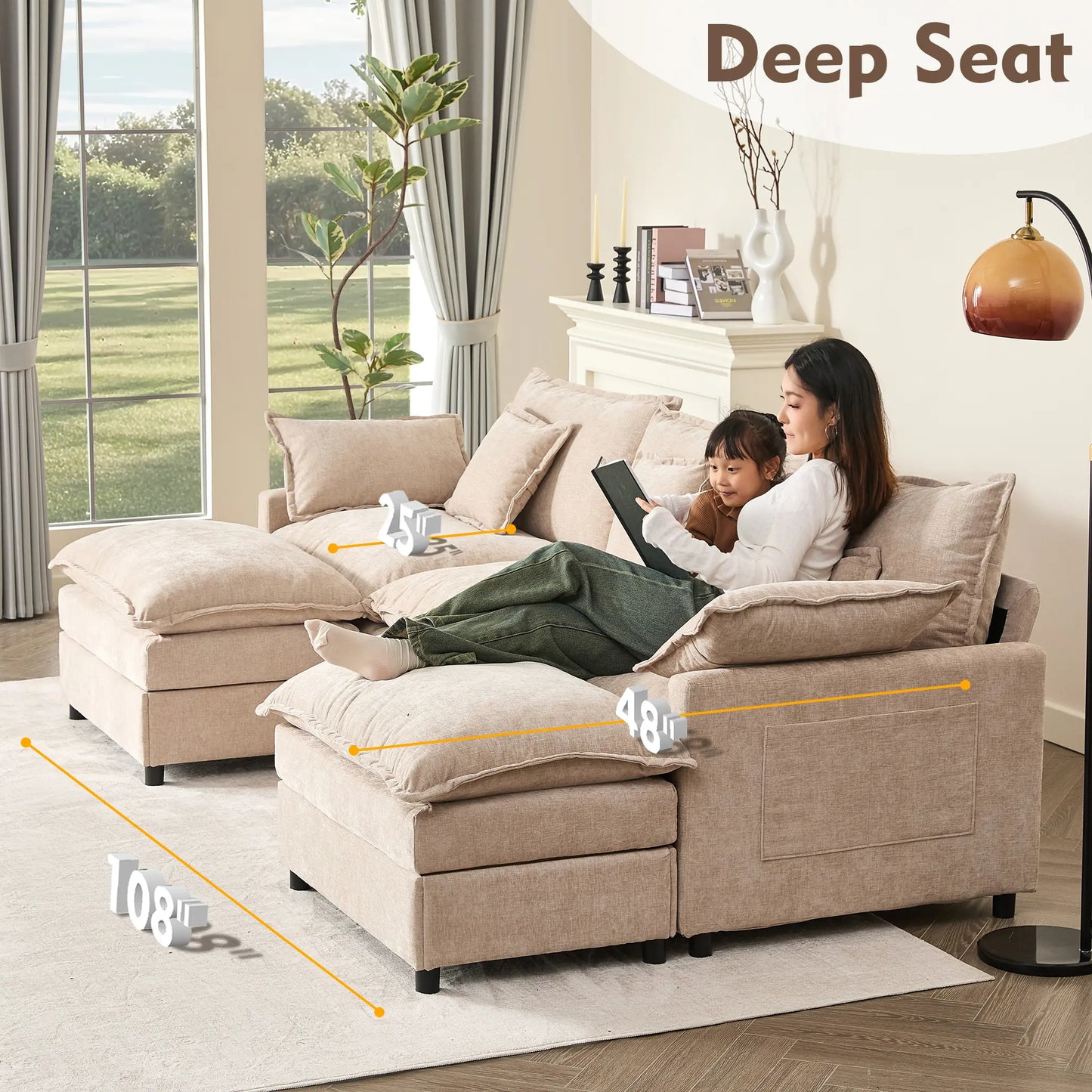 【2 Packages Shipping】Gosuhi 108" U-Shaped Modular Sectional Sofa - Comfy Cloud 3-Seater with 2 Movable Ottoman, Cloud Sofa,Deep Seat Linen Couch for Living Room, Beige Color ,Comfort & Stylish Design,Chenille Pink