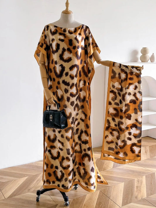 Women'S Leopard Print Long Sleeve Kimono & Scarf Set, Casual Open Front Outerwear & Shawl, Ladies Clothes for Beach Vacation, Beach Swimsuit Coverup, Womenswear, Leopard Pattern