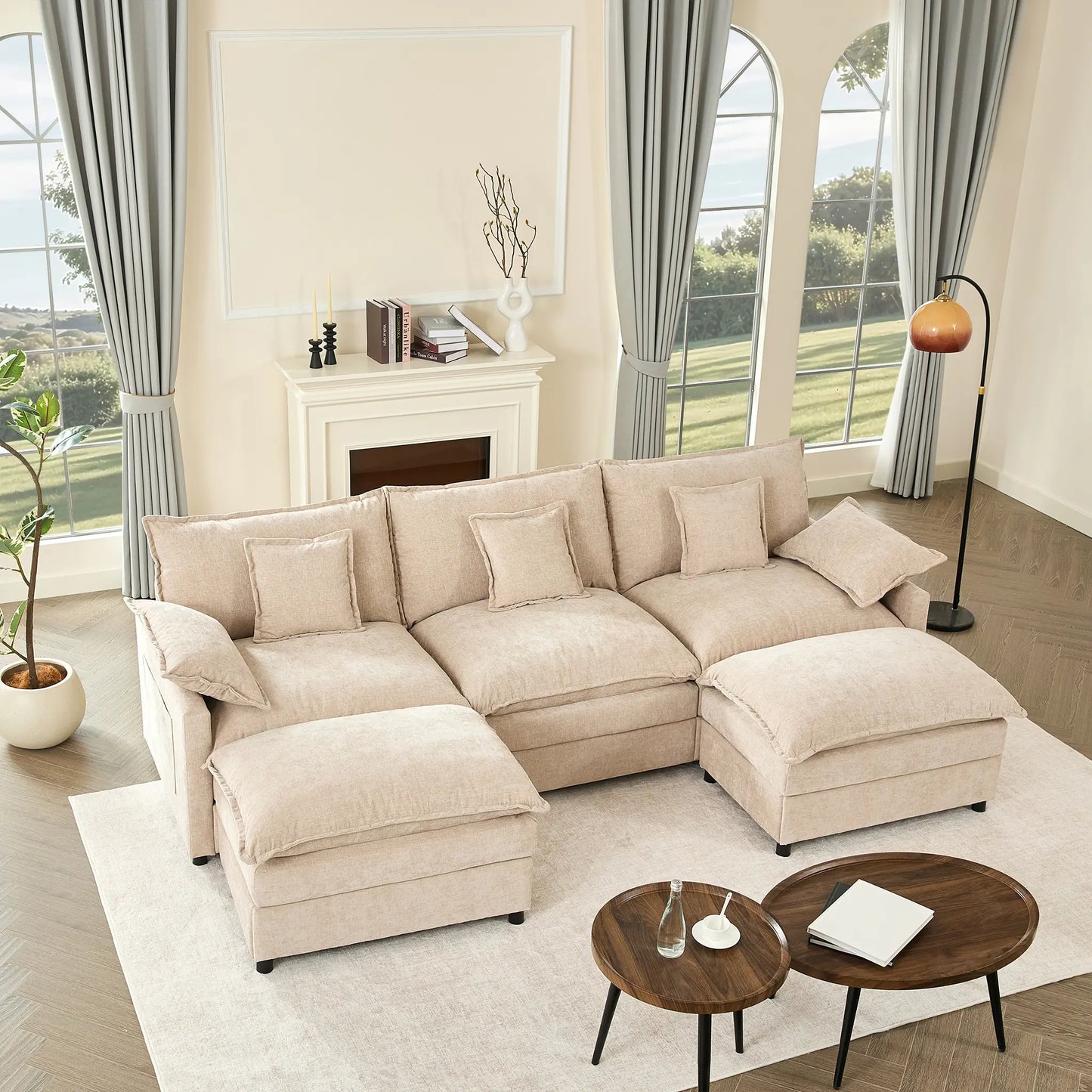 【2 Packages Shipping】Gosuhi 108" U-Shaped Modular Sectional Sofa - Comfy Cloud 3-Seater with 2 Movable Ottoman, Cloud Sofa,Deep Seat Linen Couch for Living Room, Beige Color ,Comfort & Stylish Design,Chenille Pink