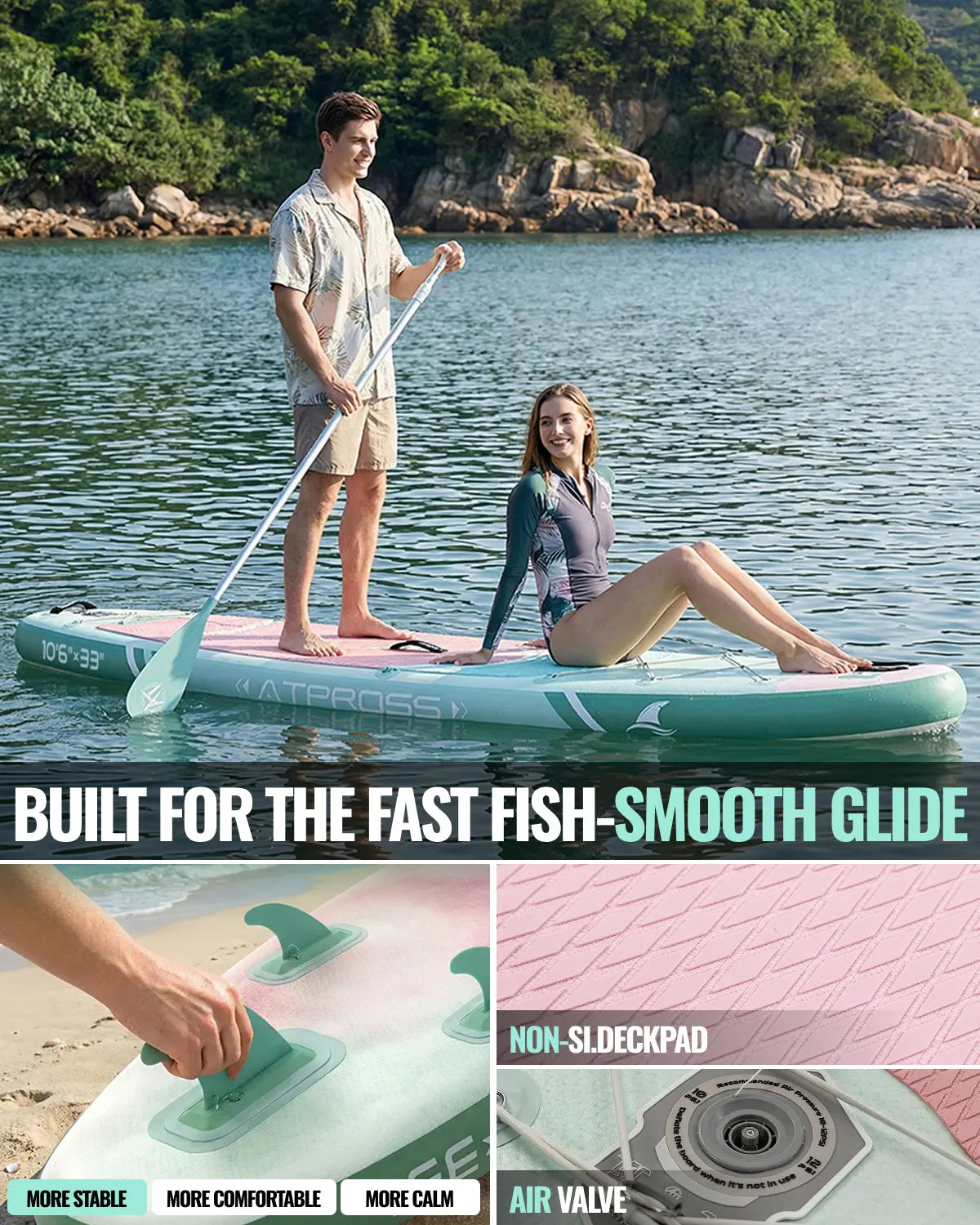 Summervibe 10'6'' X 33'' Extra Wide Inflatable Paddle Board with Kayak Seat, 400LBS Capacity Stable SUP Board, Non-Slip EVA Deck, Complete Accessories Kit for Adults, Beginners, Yoga, Fishing & Family Fun,Atpross Adventure Water