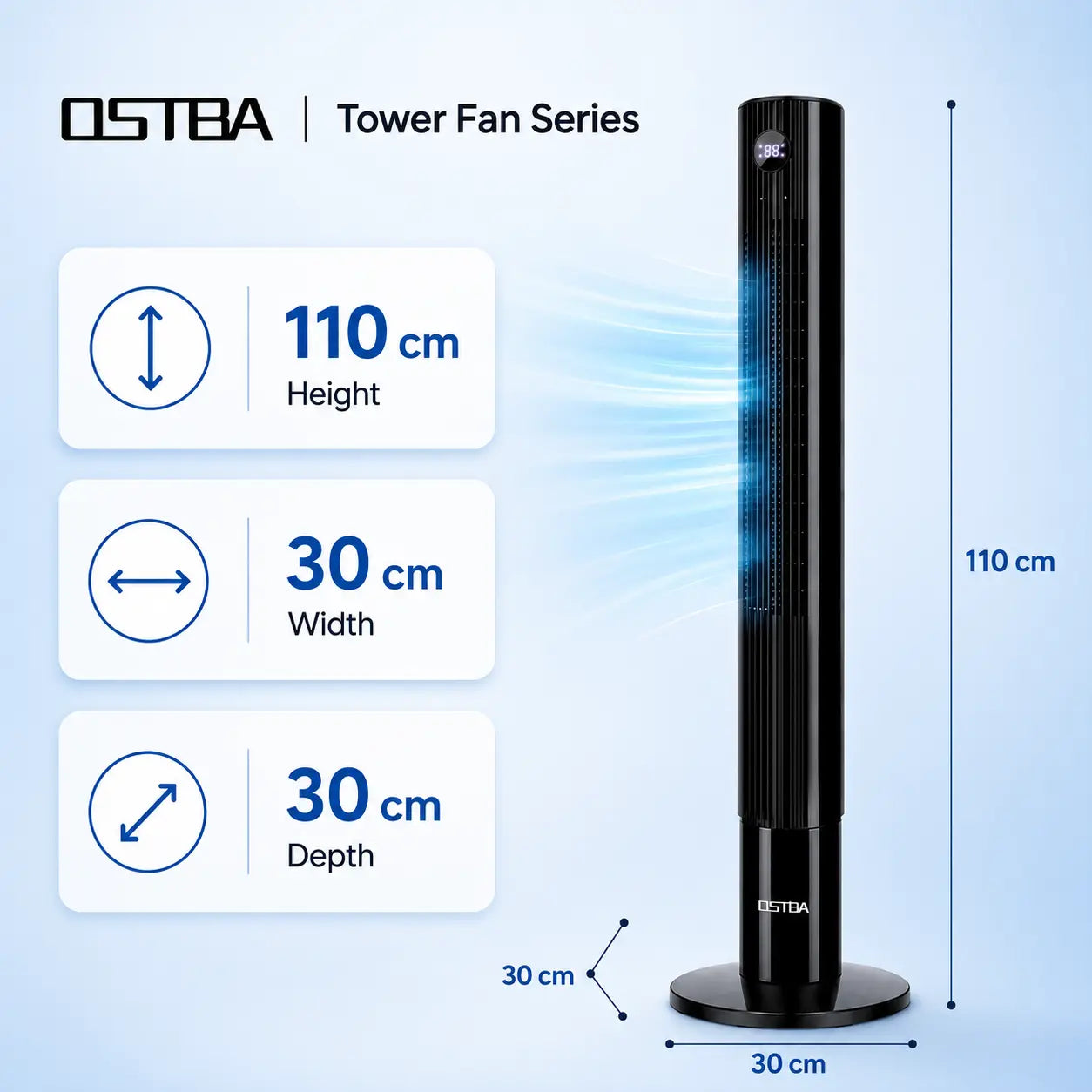 OSTBA 43" Bladeless Tower Fan with Remote, 85° Oscillation, Touch LED Display, 12H Timer, 3 Speeds, 2 Cooling Modes, 28Db Quiet Standing Floor Fan for Bedroom, Home