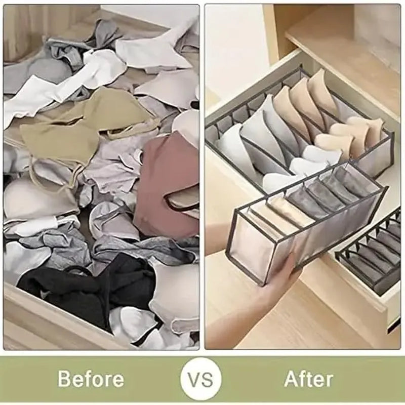 6-Compartment Drawer Organizer | Foldable Fabric Storage Bin for Bras, Underwear & Socks | Closet and Dresser Divider Box | Space-Saving Wardrobe Organizer for Shelves, Bedrooms & Travel | Grey