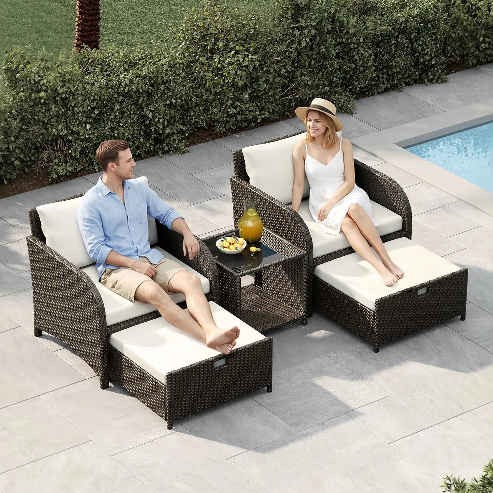 5-Piece Outdoor Patio Sofa Set - PE Rattan Wicker Conversation Furniture with Tempered Glass Coffee Table, Cushioned Chairs & Ottomans, Waterproof Soft Cushions for Garden, Backyard, Balcony, Porch