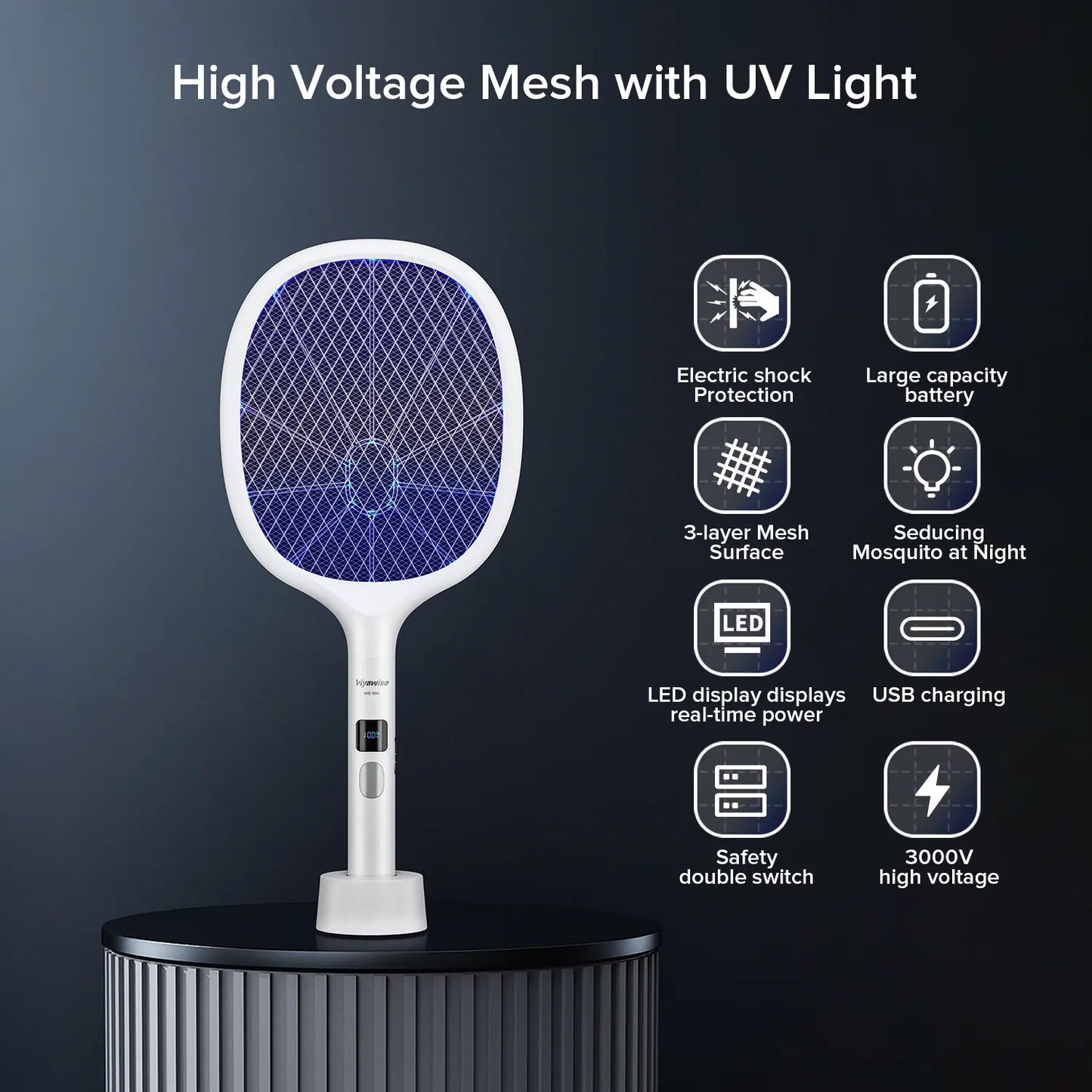 Viyawise Outdoorfun Powerful Bug Zapper Indoor & Outdoor - 10-LED Mosquito Zapper with Large Mesh, Rechargeable Gnat Killer, LED Display & Safe Fly Swatter for Home Use