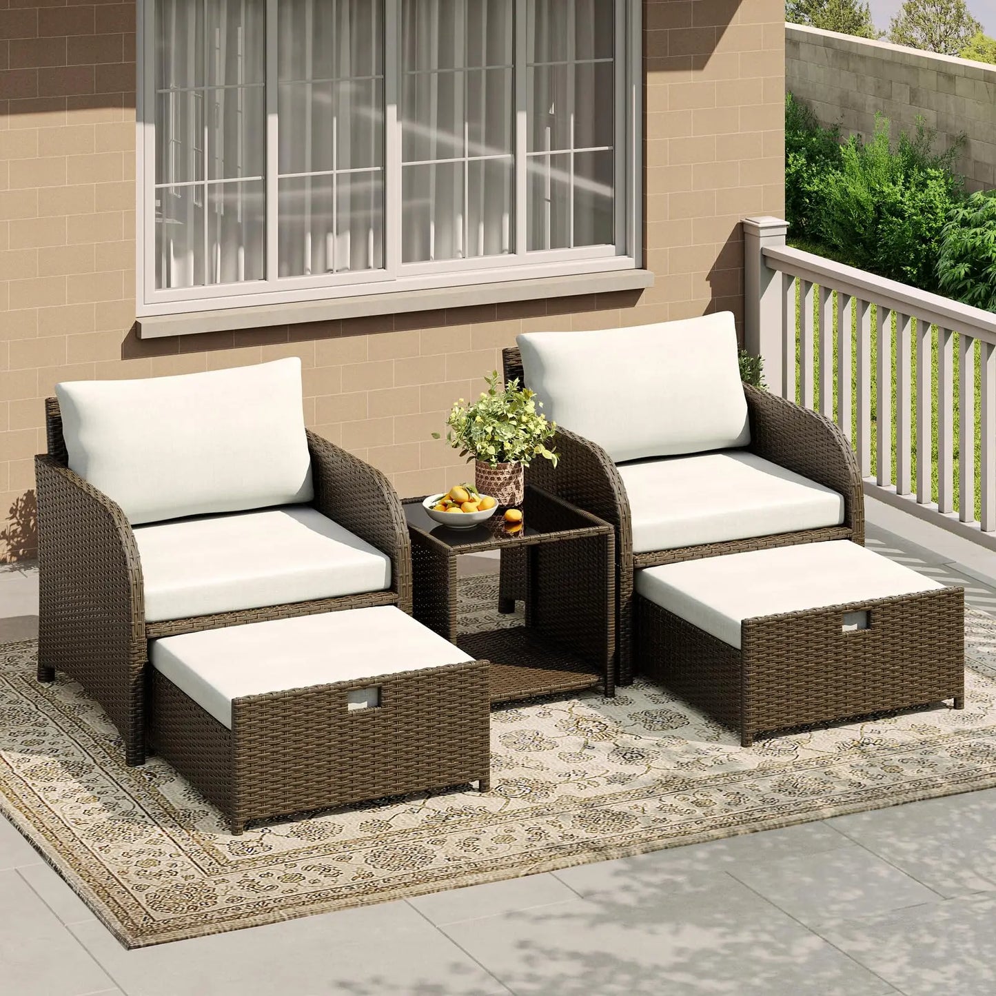 5-Piece Outdoor Patio Sofa Set - PE Rattan Wicker Conversation Furniture with Tempered Glass Coffee Table, Cushioned Chairs & Ottomans, Waterproof Soft Cushions for Garden, Backyard, Balcony, Porch