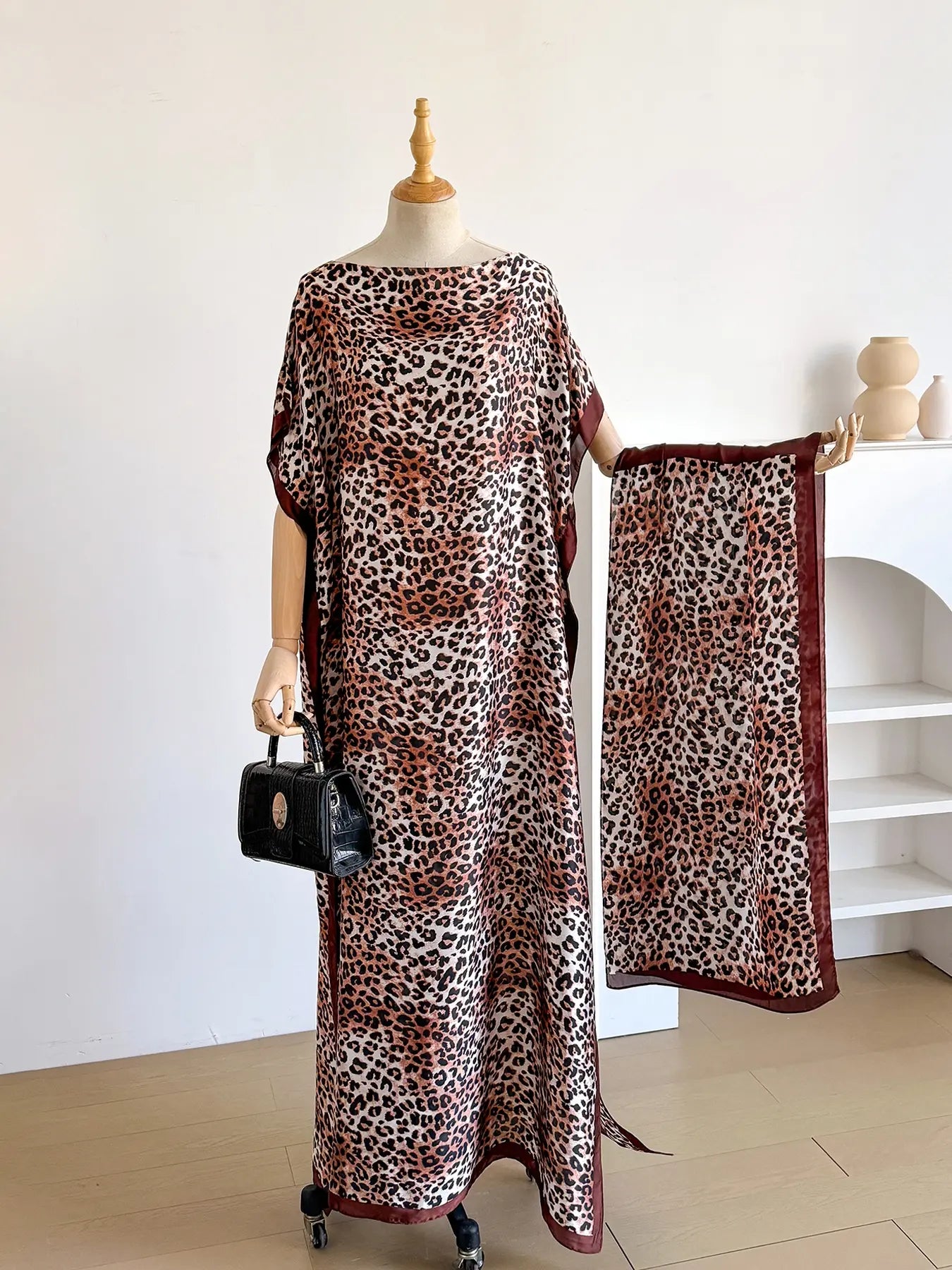 Women'S Leopard Print Long Sleeve Kimono & Scarf Set, Casual Open Front Outerwear & Shawl, Ladies Clothes for Beach Vacation, Beach Swimsuit Coverup, Womenswear, Leopard Pattern