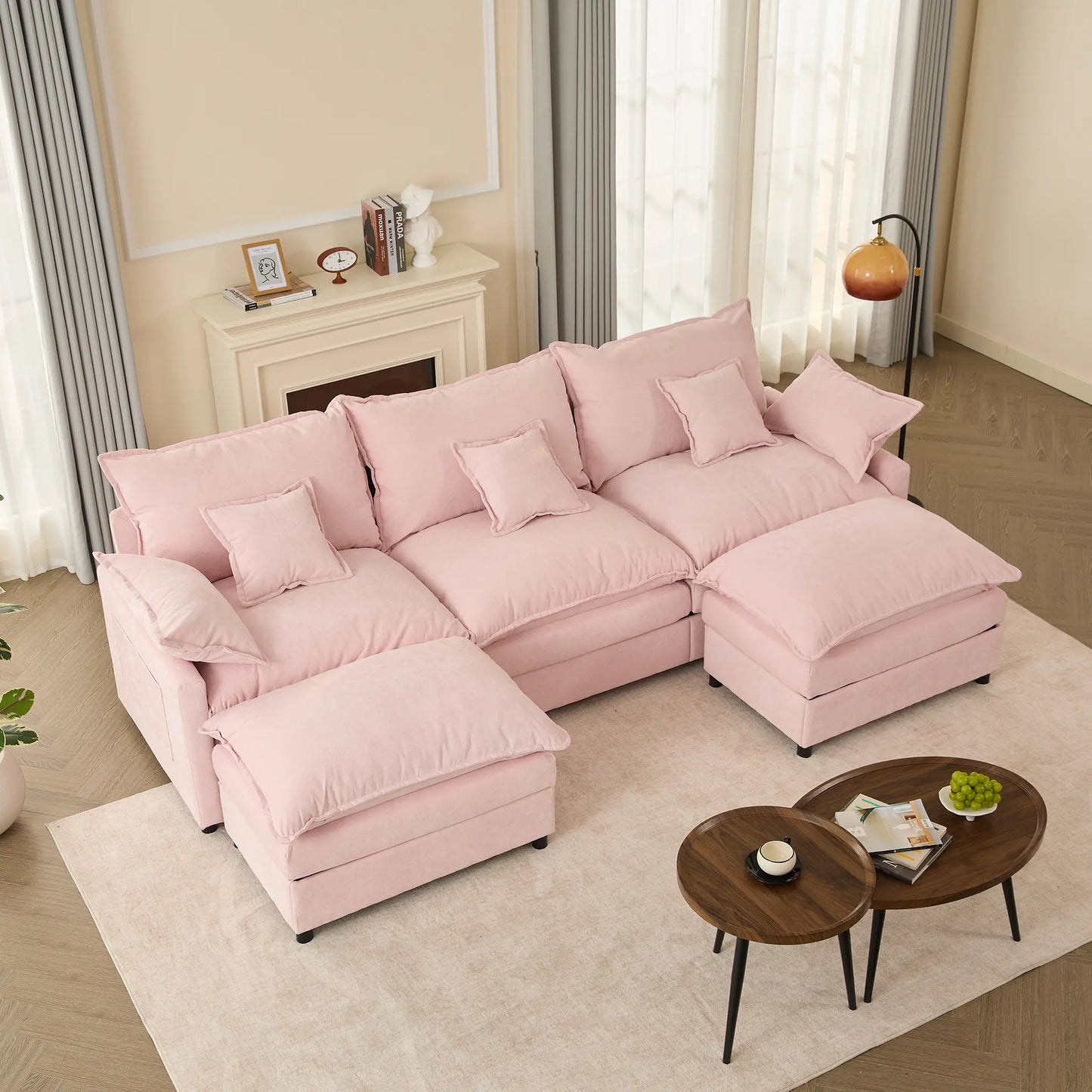 【2 Packages Shipping】Gosuhi 108" U-Shaped Modular Sectional Sofa - Comfy Cloud 3-Seater with 2 Movable Ottoman, Cloud Sofa,Deep Seat Linen Couch for Living Room, Beige Color ,Comfort & Stylish Design,Chenille Pink