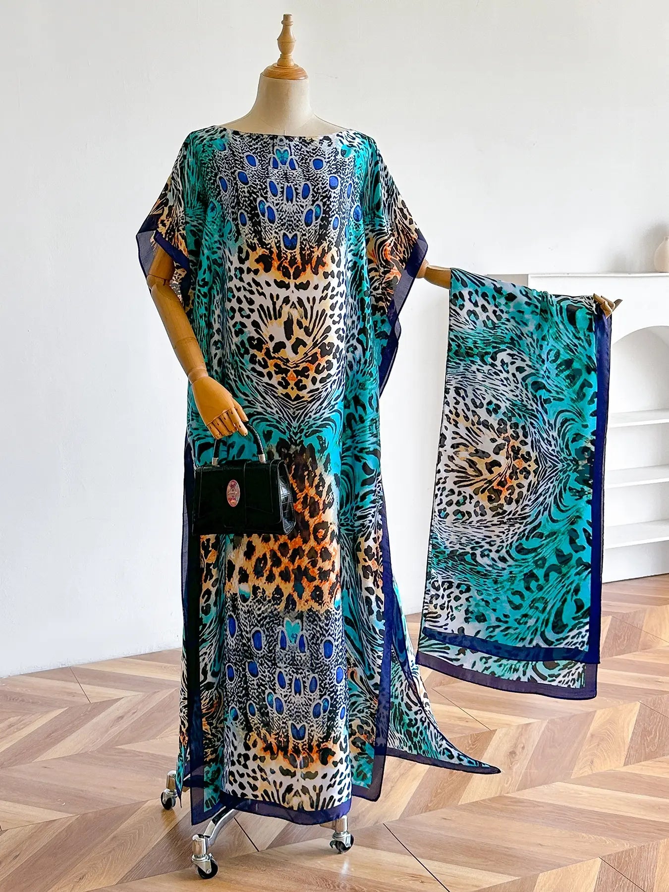 Women'S Leopard Print Long Sleeve Kimono & Scarf Set, Casual Open Front Outerwear & Shawl, Ladies Clothes for Beach Vacation, Beach Swimsuit Coverup, Womenswear, Leopard Pattern