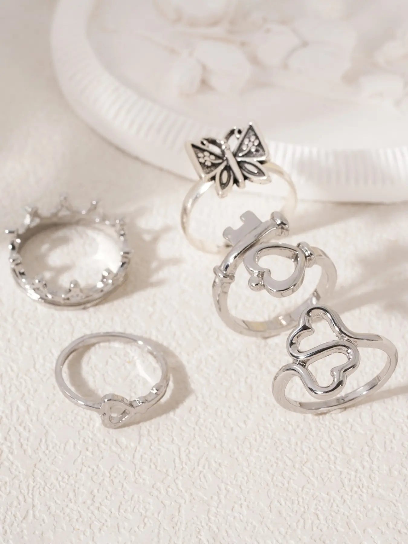 Mother'S Day Gift Women'S Fashion Jewelry Set, Fashionable Jewelry, Heart Key Butterfly Design Rings, Dainty Stacking Rings, Stackable Rings, Adjustable Rings, Interlocked Stackable Rings, Beautiful Rings, Perfect Gift for Women &