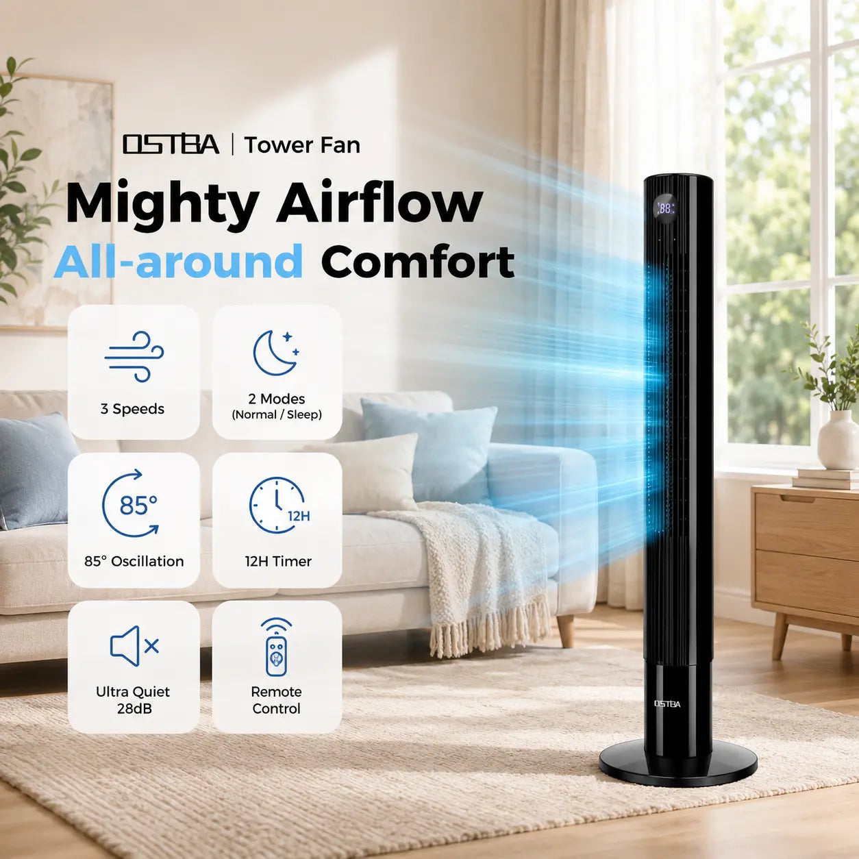 OSTBA 43" Bladeless Tower Fan with Remote, 85° Oscillation, Touch LED Display, 12H Timer, 3 Speeds, 2 Cooling Modes, 28Db Quiet Standing Floor Fan for Bedroom, Home