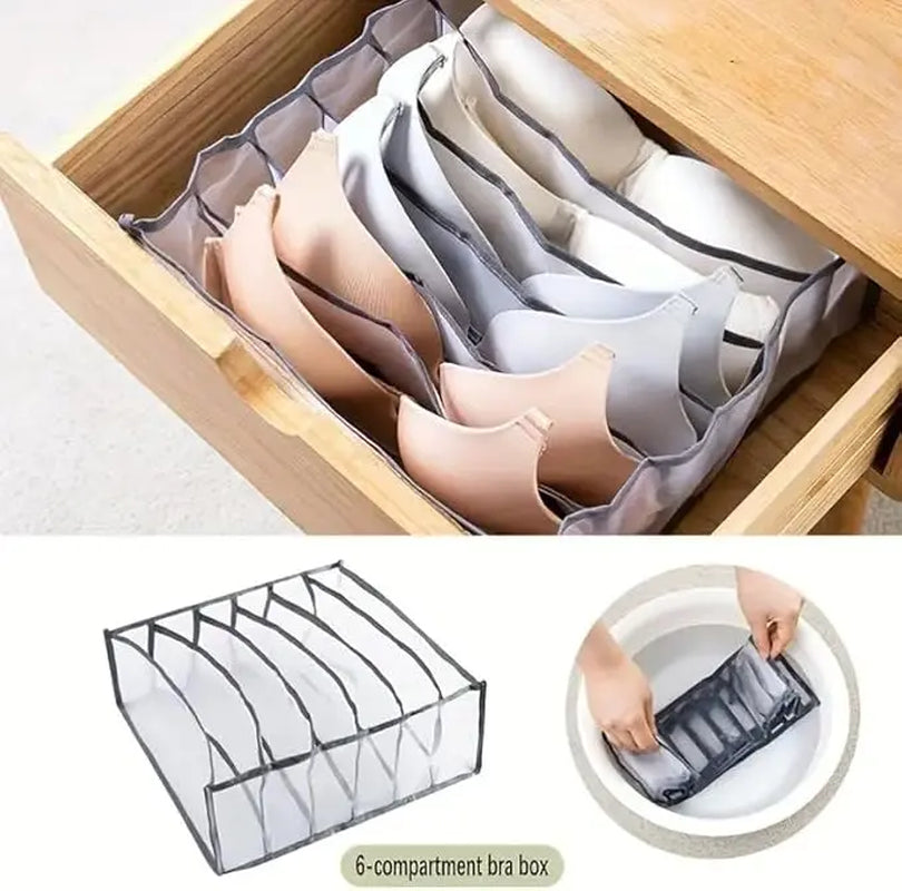 6-Compartment Drawer Organizer | Foldable Fabric Storage Bin for Bras, Underwear & Socks | Closet and Dresser Divider Box | Space-Saving Wardrobe Organizer for Shelves, Bedrooms & Travel | Grey
