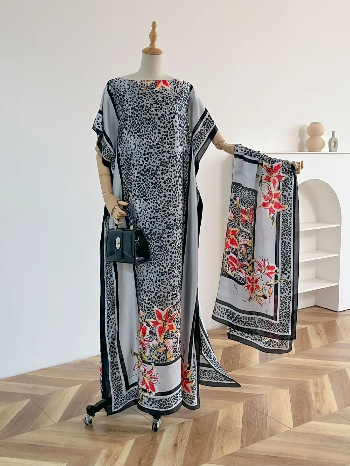 Women'S Leopard Print Long Sleeve Kimono & Scarf Set, Casual Open Front Outerwear & Shawl, Ladies Clothes for Beach Vacation, Beach Swimsuit Coverup, Womenswear, Leopard Pattern