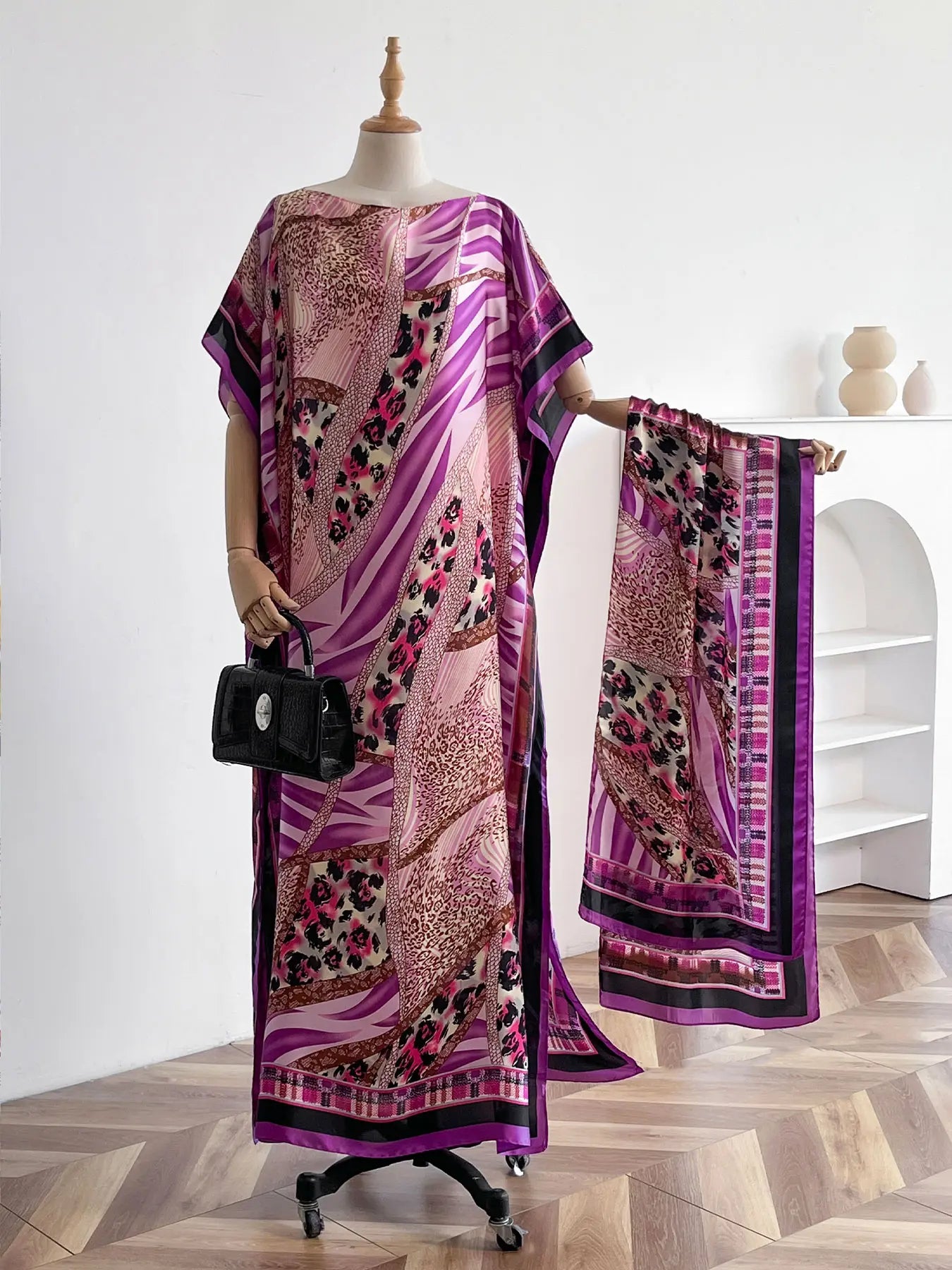 Women'S Leopard Print Long Sleeve Kimono & Scarf Set, Casual Open Front Outerwear & Shawl, Ladies Clothes for Beach Vacation, Beach Swimsuit Coverup, Womenswear, Leopard Pattern