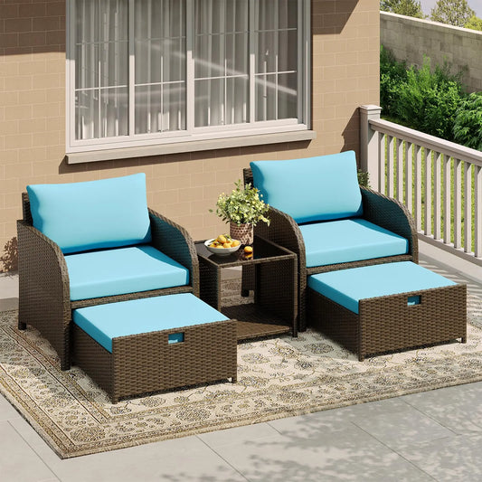 5-Piece Outdoor Patio Sofa Set - PE Rattan Wicker Conversation Furniture with Tempered Glass Coffee Table, Cushioned Chairs & Ottomans, Waterproof Soft Cushions for Garden, Backyard, Balcony, Porch