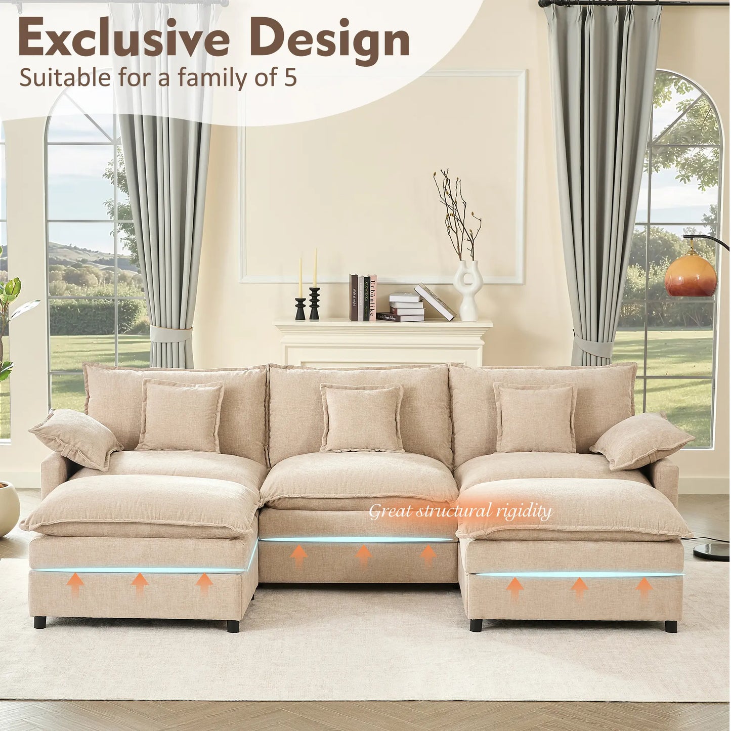 【2 Packages Shipping】Gosuhi 108" U-Shaped Modular Sectional Sofa - Comfy Cloud 3-Seater with 2 Movable Ottoman, Cloud Sofa,Deep Seat Linen Couch for Living Room, Beige Color ,Comfort & Stylish Design,Chenille Pink