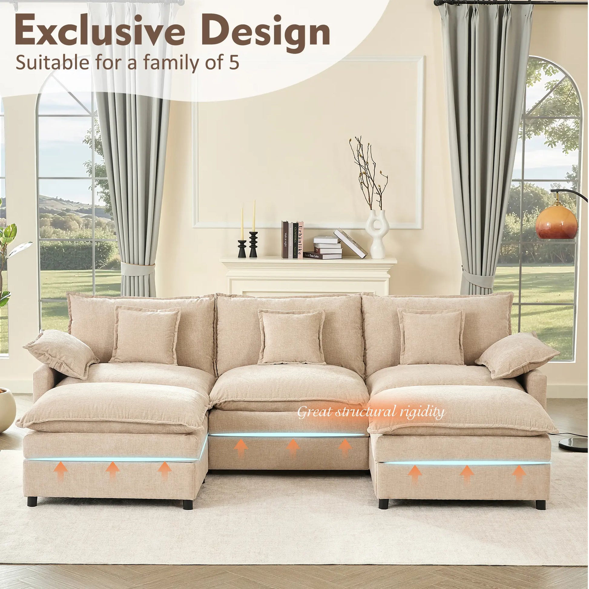 【2 Packages Shipping】Gosuhi 108" U-Shaped Modular Sectional Sofa - Comfy Cloud 3-Seater with 2 Movable Ottoman, Cloud Sofa,Deep Seat Linen Couch for Living Room, Beige Color ,Comfort & Stylish Design,Chenille Pink