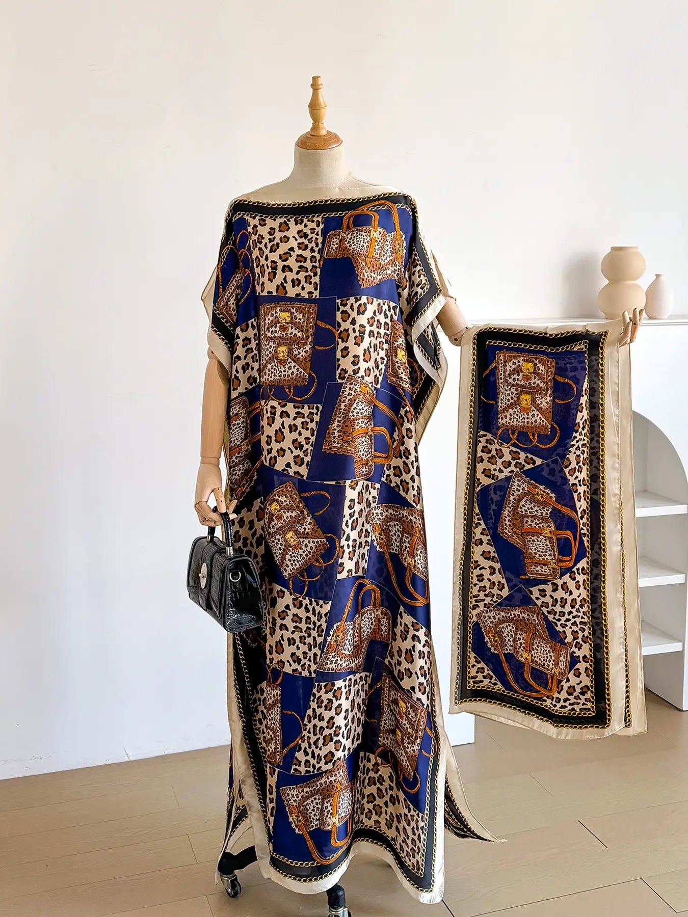 Women'S Leopard Print Long Sleeve Kimono & Scarf Set, Casual Open Front Outerwear & Shawl, Ladies Clothes for Beach Vacation, Beach Swimsuit Coverup, Womenswear, Leopard Pattern