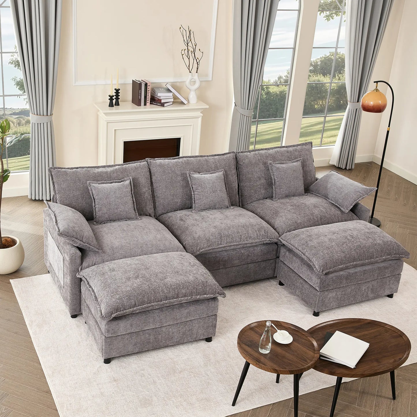 【2 Packages Shipping】Gosuhi 108" U-Shaped Modular Sectional Sofa - Comfy Cloud 3-Seater with 2 Movable Ottoman, Cloud Sofa,Deep Seat Linen Couch for Living Room, Beige Color ,Comfort & Stylish Design,Chenille Pink