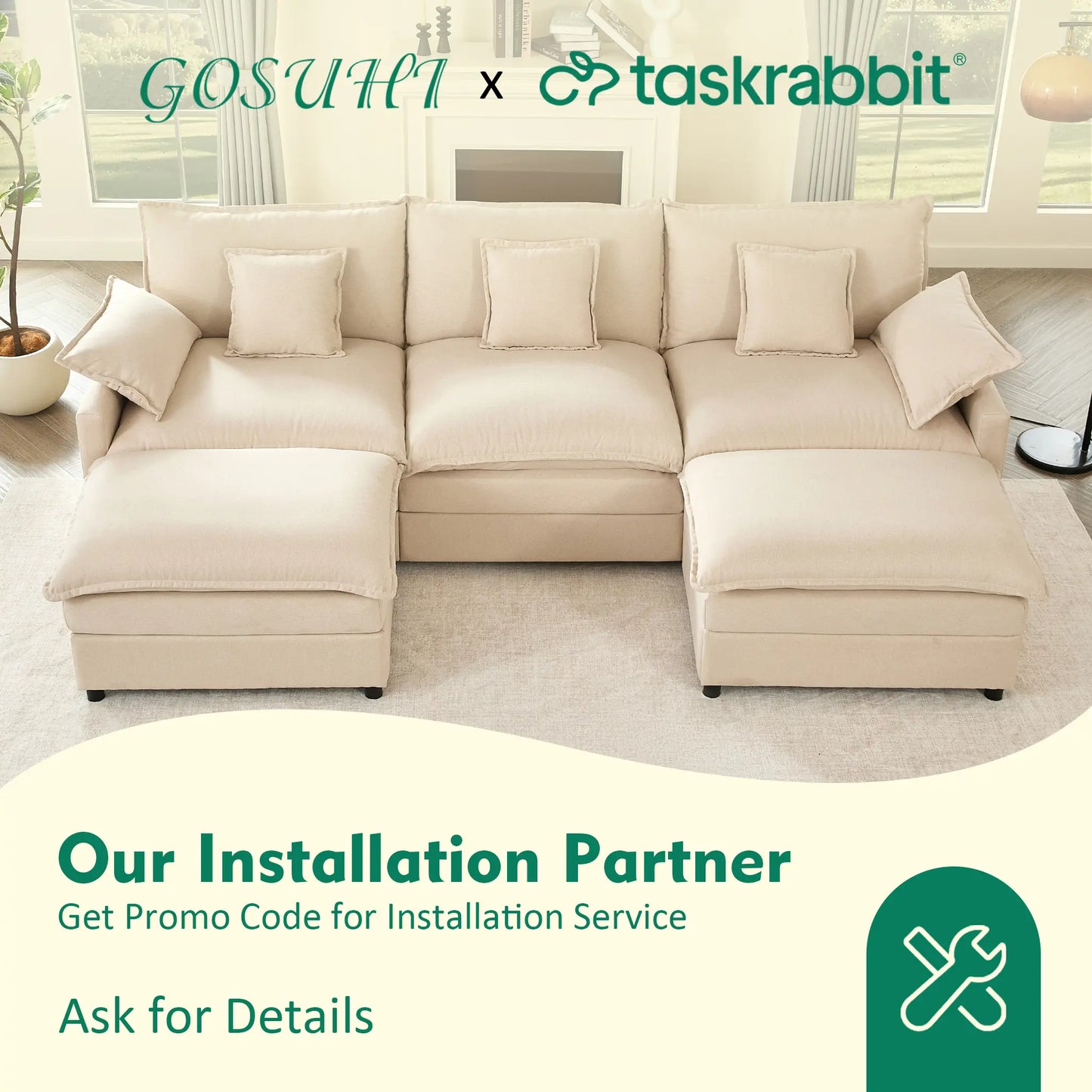 【2 Packages Shipping】Gosuhi 108" U-Shaped Modular Sectional Sofa - Comfy Cloud 3-Seater with 2 Movable Ottoman, Cloud Sofa,Deep Seat Linen Couch for Living Room, Beige Color ,Comfort & Stylish Design,Chenille Pink