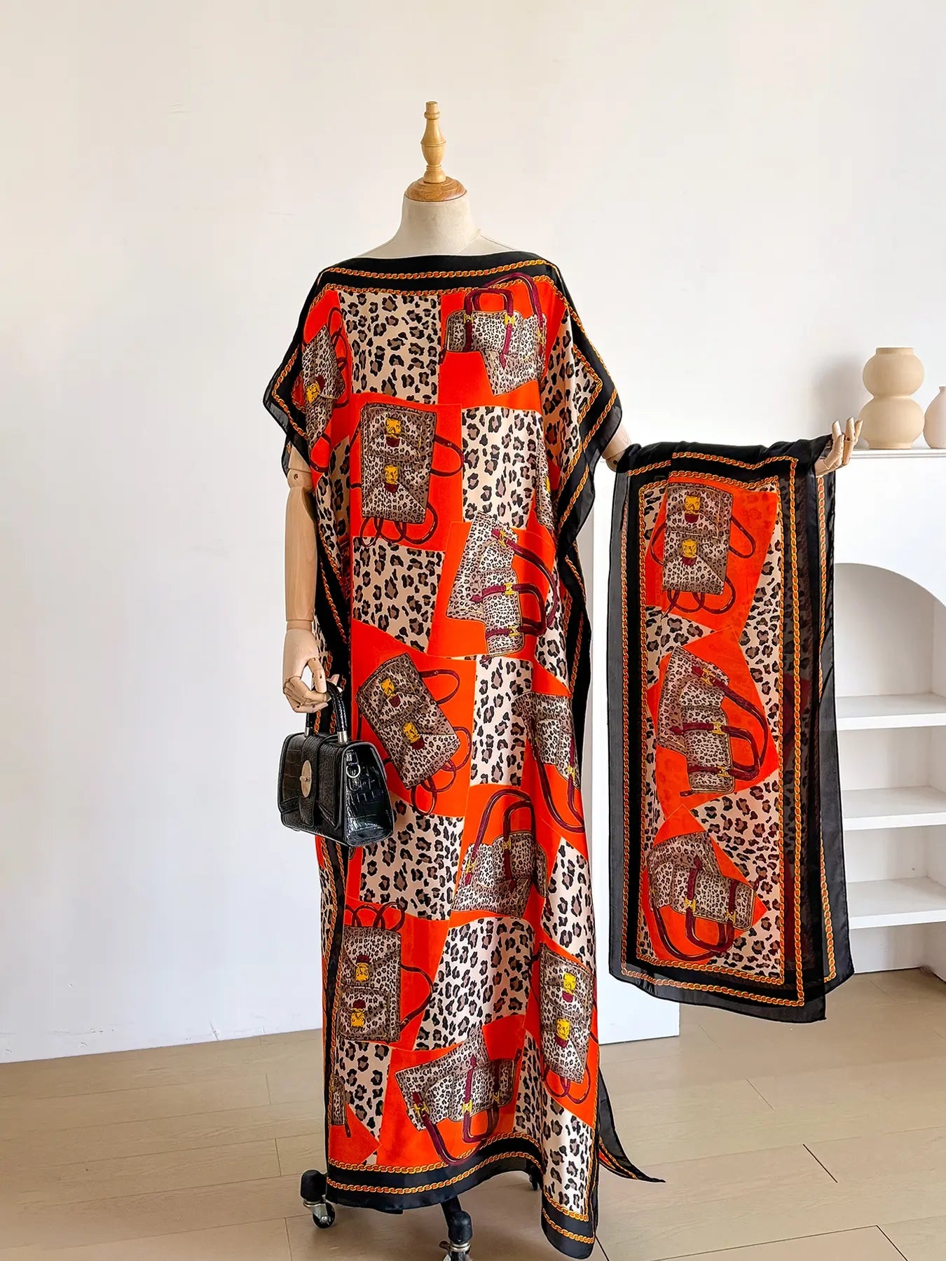 Women'S Leopard Print Long Sleeve Kimono & Scarf Set, Casual Open Front Outerwear & Shawl, Ladies Clothes for Beach Vacation, Beach Swimsuit Coverup, Womenswear, Leopard Pattern