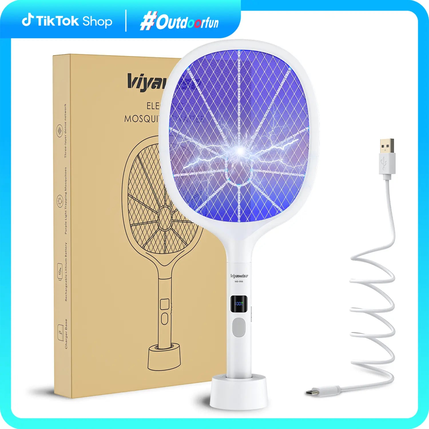 Viyawise Outdoorfun Powerful Bug Zapper Indoor & Outdoor - 10-LED Mosquito Zapper with Large Mesh, Rechargeable Gnat Killer, LED Display & Safe Fly Swatter for Home Use