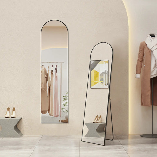 Sweetcrispy Elegant Life-Size Glass Floor Mirror - Aluminum Alloy Thin Frame, Hanging/Leaning Wall Mirror with Stand for Home Aesthetic Room Decor, Accent Mirror, Interior Mirror