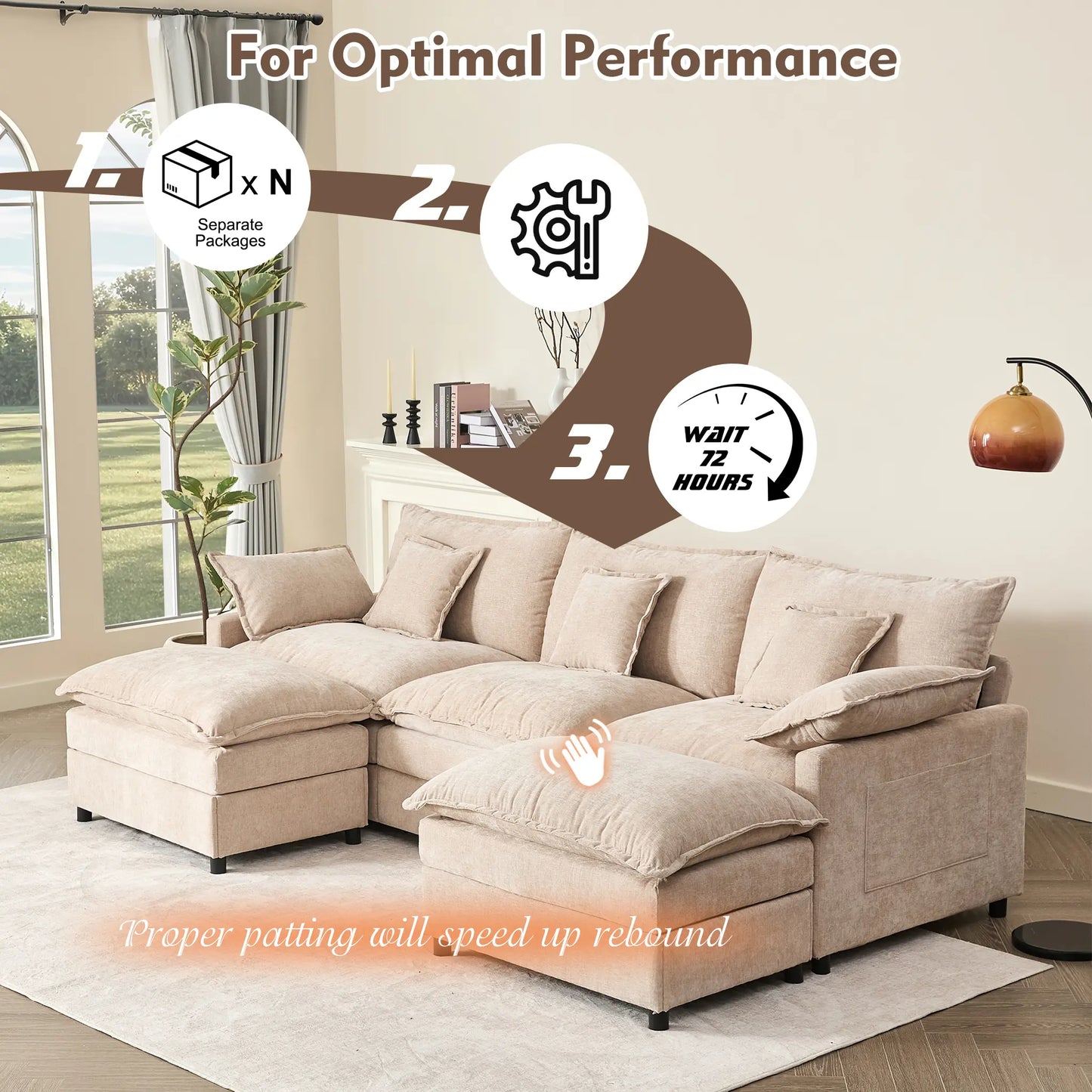 【2 Packages Shipping】Gosuhi 108" U-Shaped Modular Sectional Sofa - Comfy Cloud 3-Seater with 2 Movable Ottoman, Cloud Sofa,Deep Seat Linen Couch for Living Room, Beige Color ,Comfort & Stylish Design,Chenille Pink