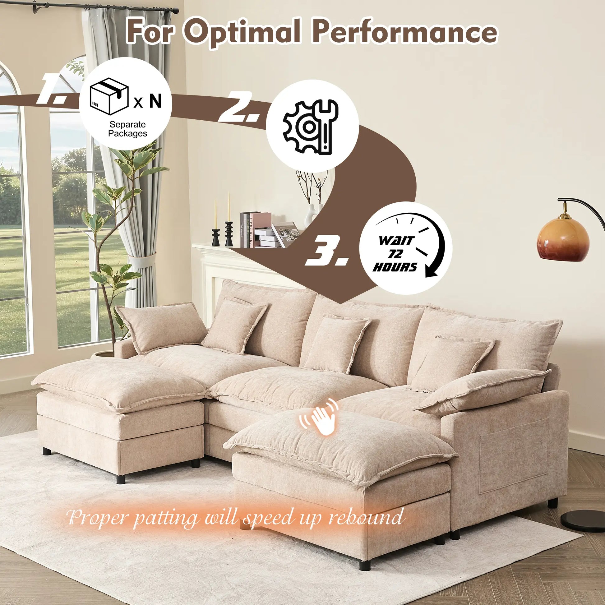 【2 Packages Shipping】Gosuhi 108" U-Shaped Modular Sectional Sofa - Comfy Cloud 3-Seater with 2 Movable Ottoman, Cloud Sofa,Deep Seat Linen Couch for Living Room, Beige Color ,Comfort & Stylish Design,Chenille Pink