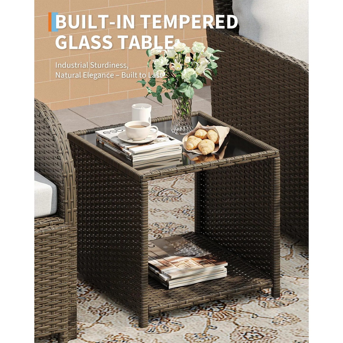 5-Piece Outdoor Patio Sofa Set - PE Rattan Wicker Conversation Furniture with Tempered Glass Coffee Table, Cushioned Chairs & Ottomans, Waterproof Soft Cushions for Garden, Backyard, Balcony, Porch