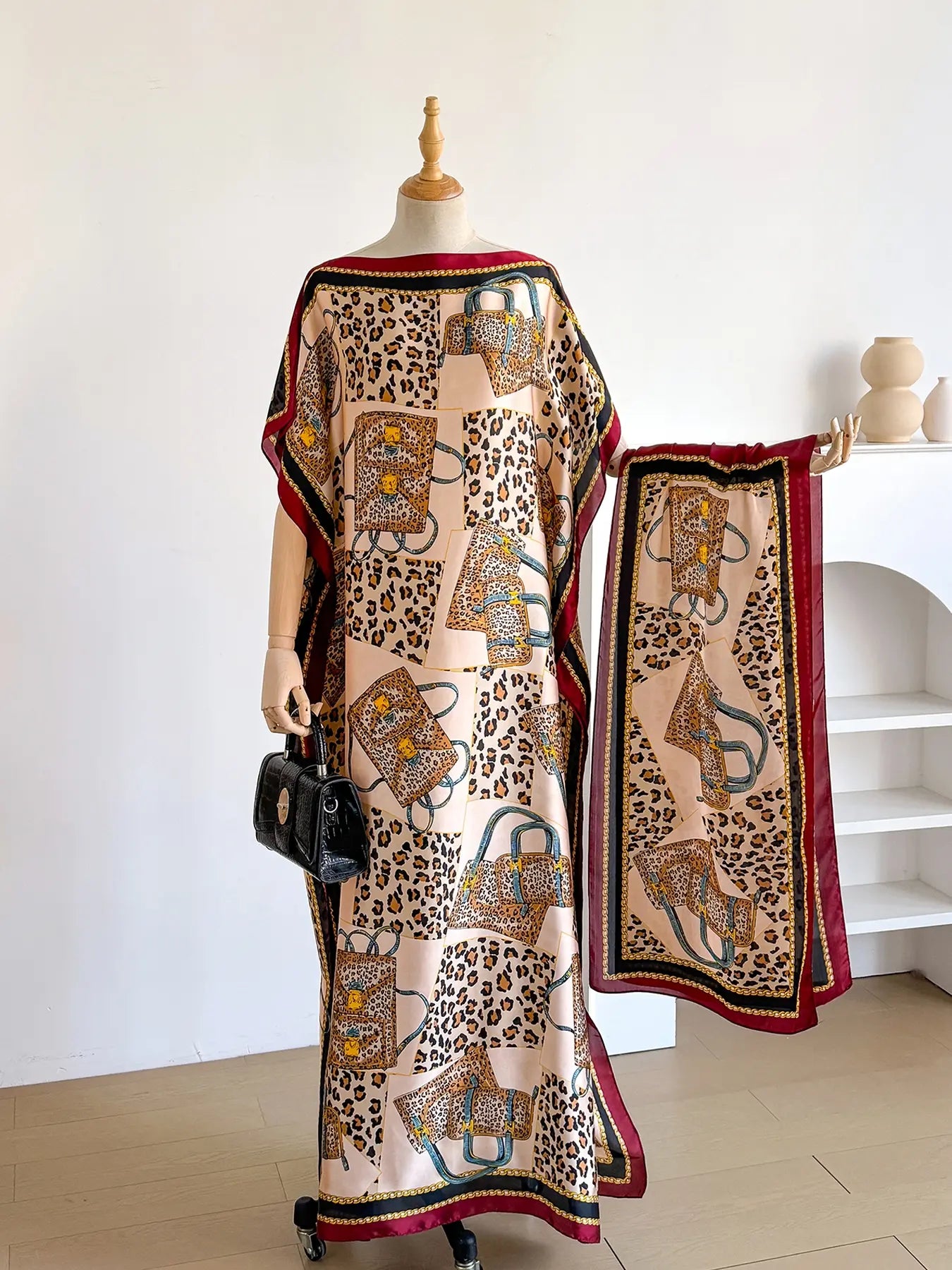 Women'S Leopard Print Long Sleeve Kimono & Scarf Set, Casual Open Front Outerwear & Shawl, Ladies Clothes for Beach Vacation, Beach Swimsuit Coverup, Womenswear, Leopard Pattern