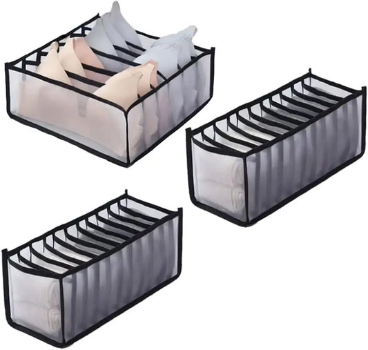 6-Compartment Drawer Organizer | Foldable Fabric Storage Bin for Bras, Underwear & Socks | Closet and Dresser Divider Box | Space-Saving Wardrobe Organizer for Shelves, Bedrooms & Travel | Grey