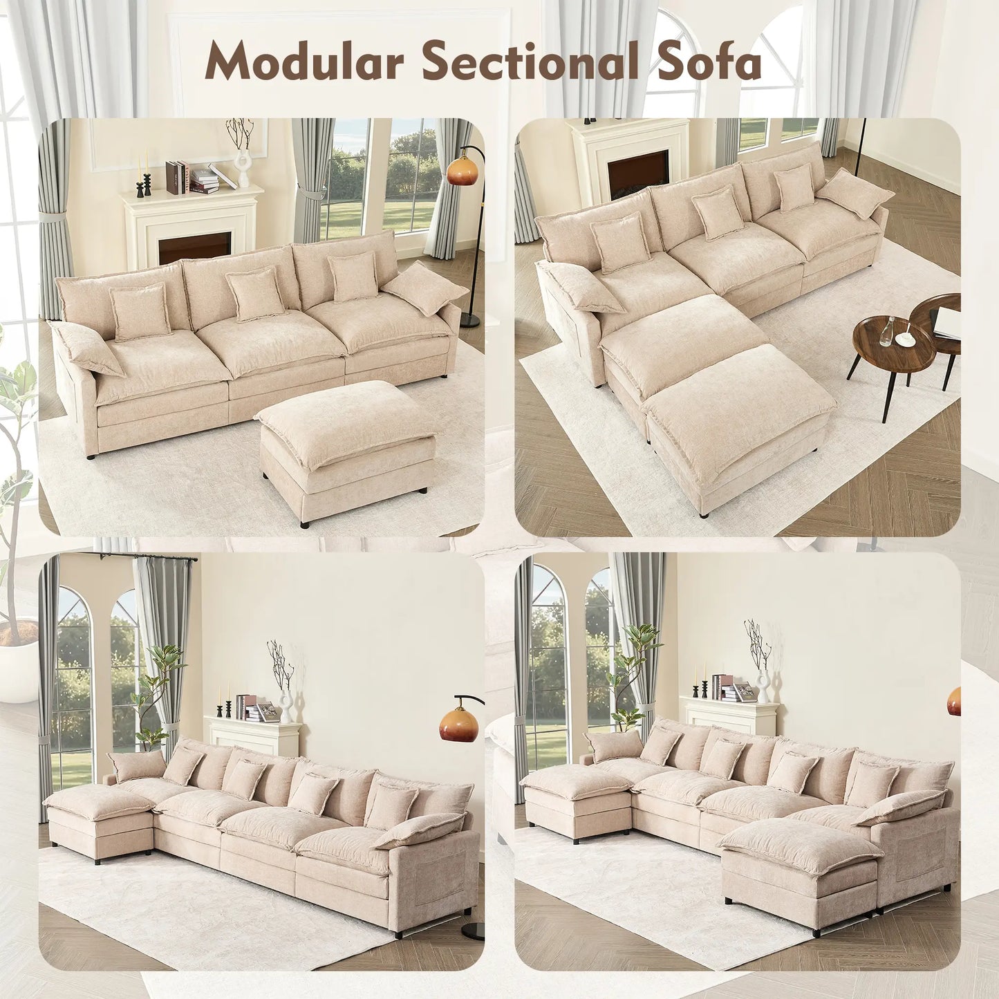 【2 Packages Shipping】Gosuhi 108" U-Shaped Modular Sectional Sofa - Comfy Cloud 3-Seater with 2 Movable Ottoman, Cloud Sofa,Deep Seat Linen Couch for Living Room, Beige Color ,Comfort & Stylish Design,Chenille Pink
