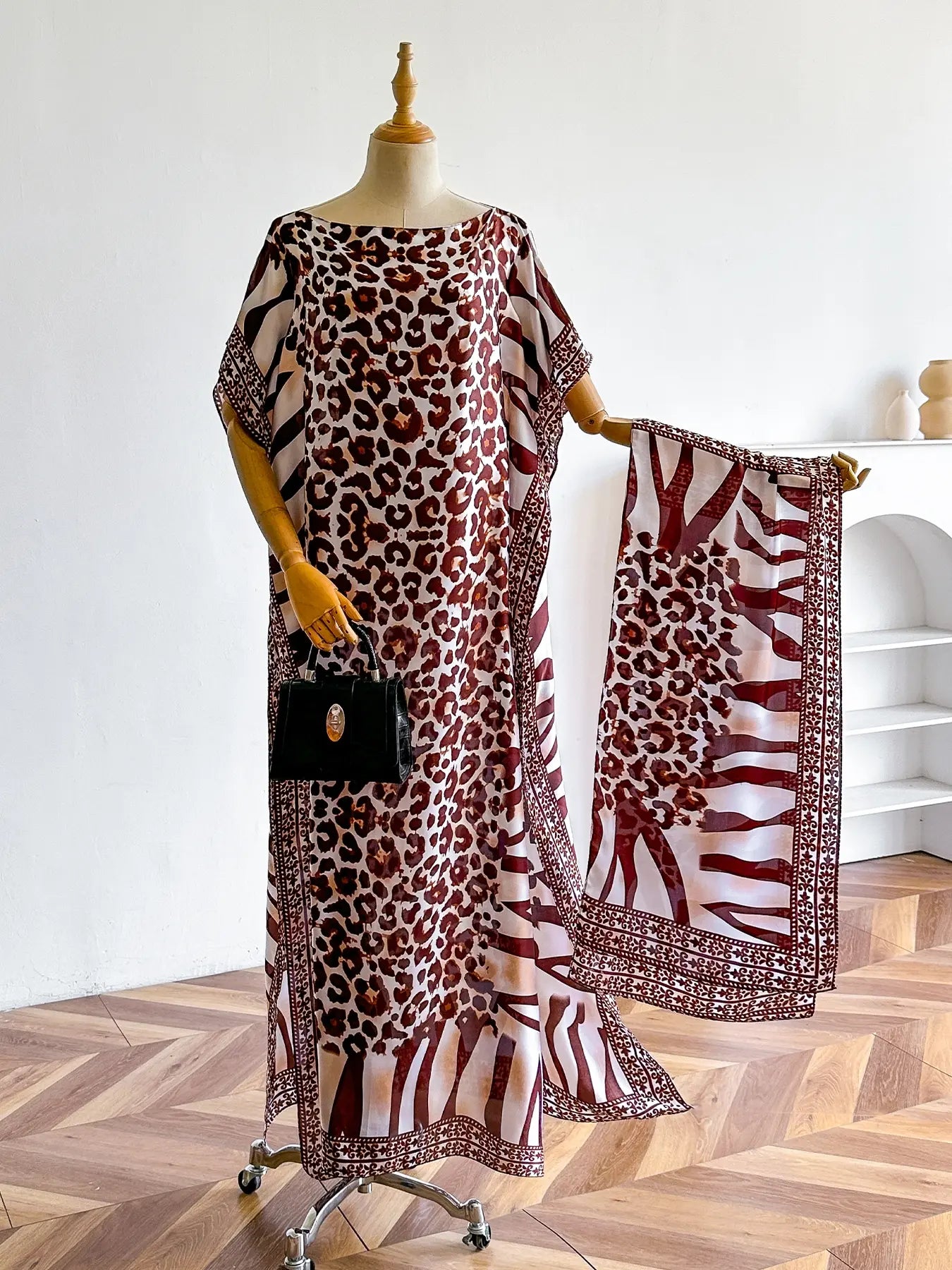 Women'S Leopard Print Long Sleeve Kimono & Scarf Set, Casual Open Front Outerwear & Shawl, Ladies Clothes for Beach Vacation, Beach Swimsuit Coverup, Womenswear, Leopard Pattern