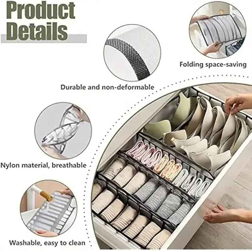 6-Compartment Drawer Organizer | Foldable Fabric Storage Bin for Bras, Underwear & Socks | Closet and Dresser Divider Box | Space-Saving Wardrobe Organizer for Shelves, Bedrooms & Travel | Grey