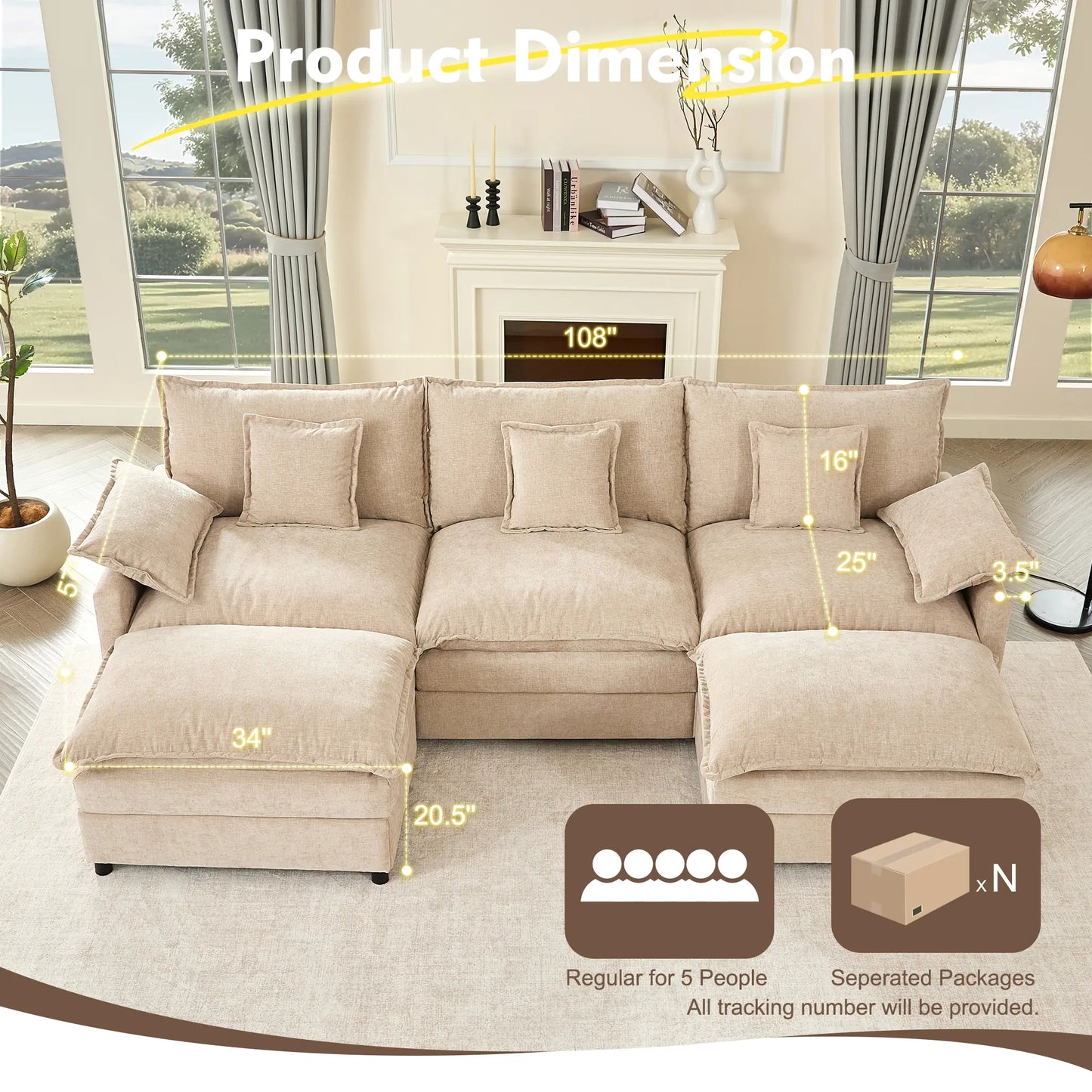 【2 Packages Shipping】Gosuhi 108" U-Shaped Modular Sectional Sofa - Comfy Cloud 3-Seater with 2 Movable Ottoman, Cloud Sofa,Deep Seat Linen Couch for Living Room, Beige Color ,Comfort & Stylish Design,Chenille Pink