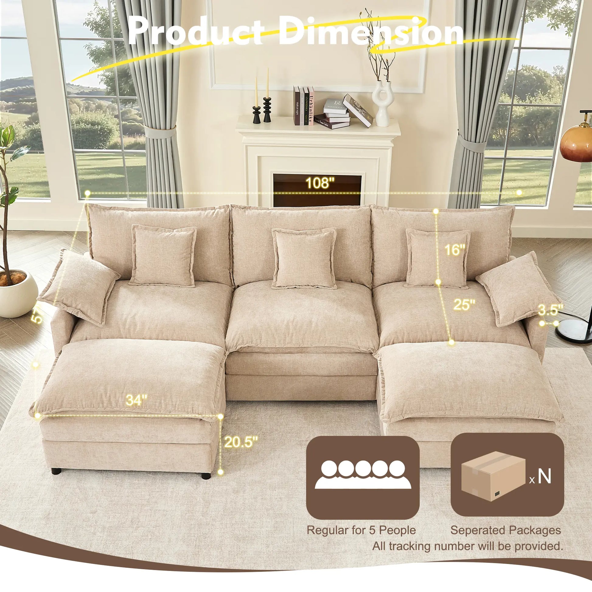 【2 Packages Shipping】Gosuhi 108" U-Shaped Modular Sectional Sofa - Comfy Cloud 3-Seater with 2 Movable Ottoman, Cloud Sofa,Deep Seat Linen Couch for Living Room, Beige Color ,Comfort & Stylish Design,Chenille Pink
