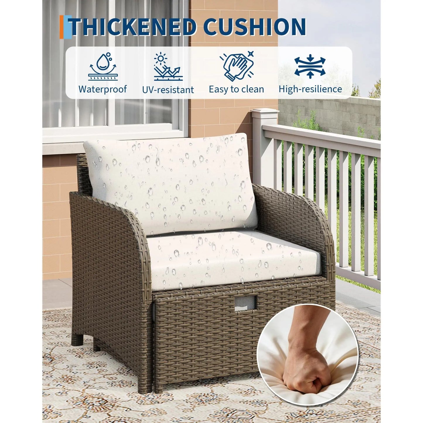 5-Piece Outdoor Patio Sofa Set - PE Rattan Wicker Conversation Furniture with Tempered Glass Coffee Table, Cushioned Chairs & Ottomans, Waterproof Soft Cushions for Garden, Backyard, Balcony, Porch