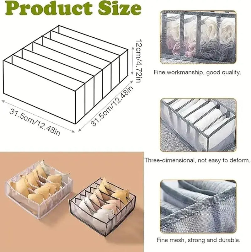 6-Compartment Drawer Organizer | Foldable Fabric Storage Bin for Bras, Underwear & Socks | Closet and Dresser Divider Box | Space-Saving Wardrobe Organizer for Shelves, Bedrooms & Travel | Grey