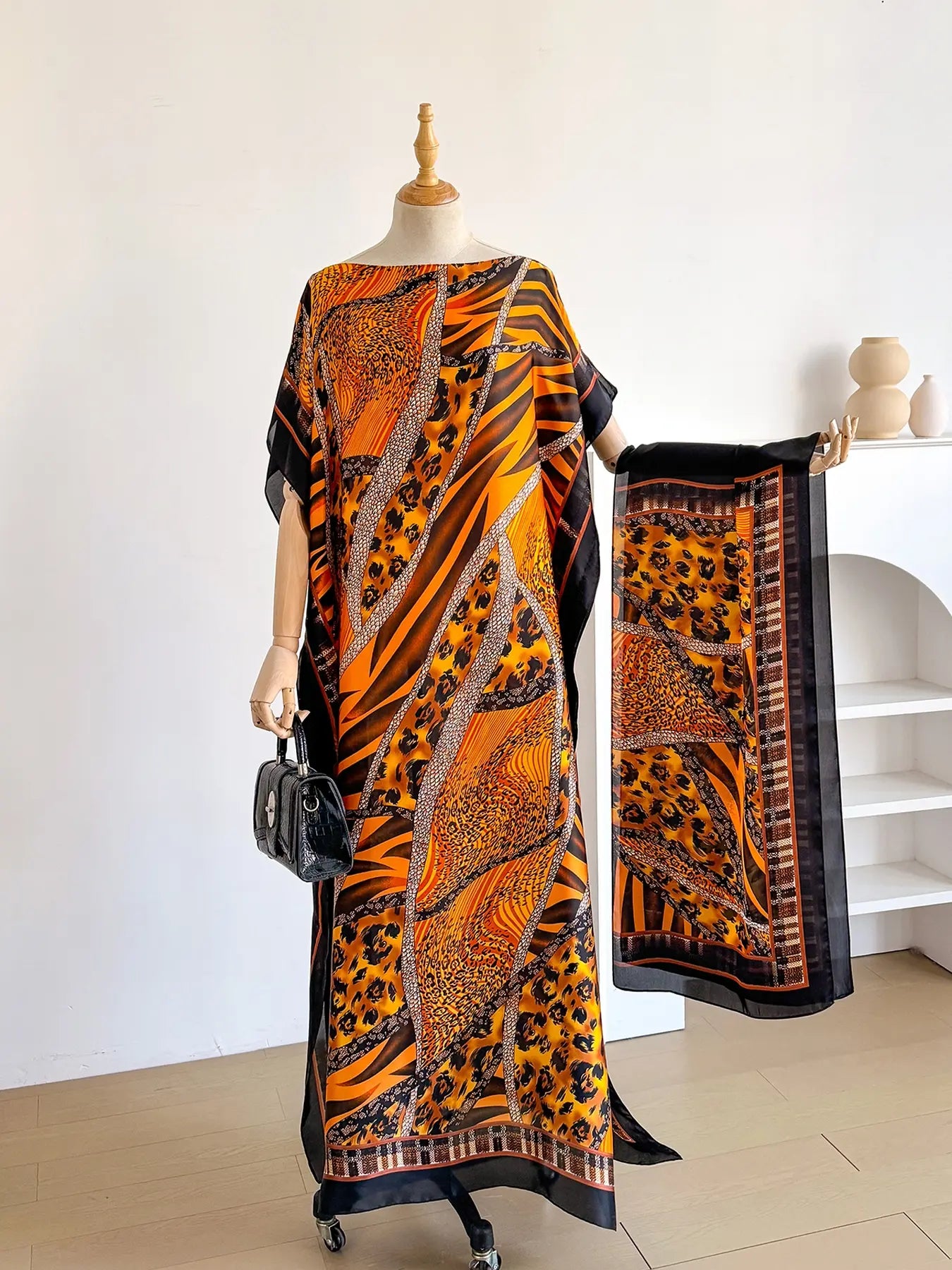 Women'S Leopard Print Long Sleeve Kimono & Scarf Set, Casual Open Front Outerwear & Shawl, Ladies Clothes for Beach Vacation, Beach Swimsuit Coverup, Womenswear, Leopard Pattern
