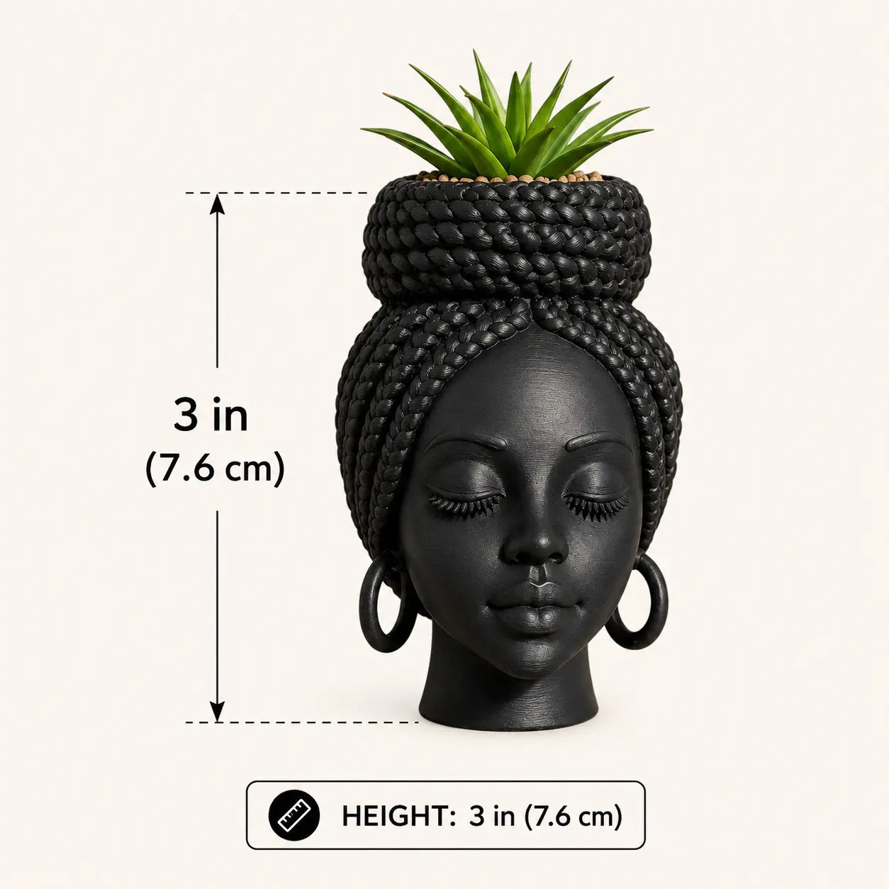 Mini African Braided Woman Head Planter, 3 Inch Matte Black Succulent Pot for Desk and Shelf Decor