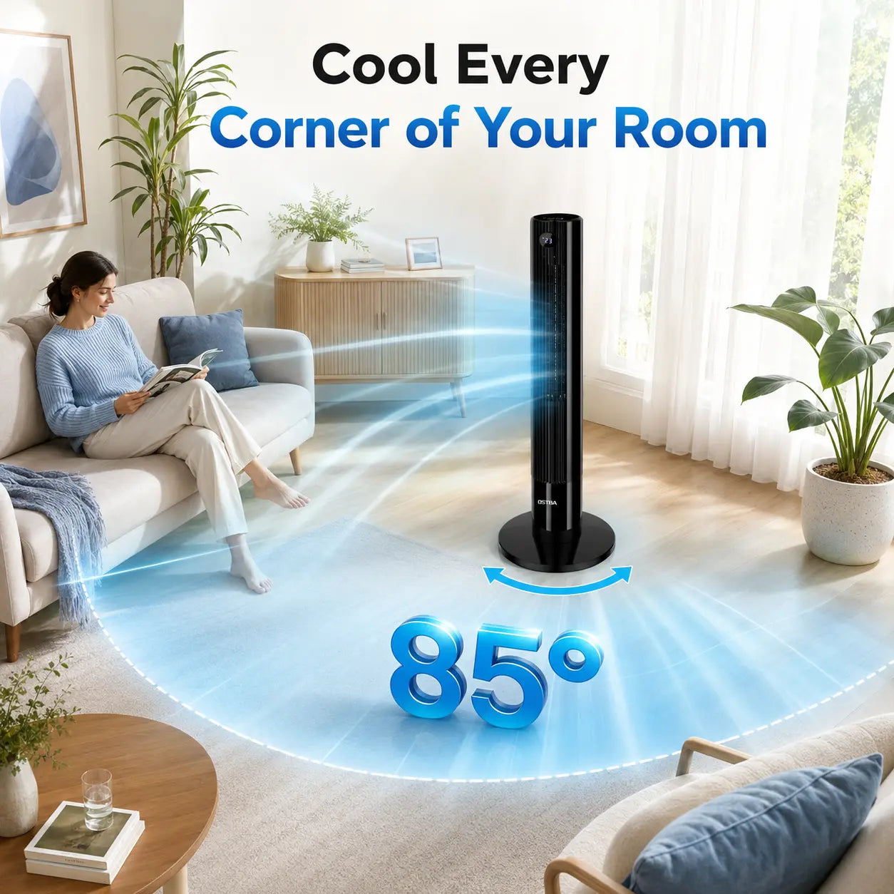 OSTBA 43" Bladeless Tower Fan with Remote, 85° Oscillation, Touch LED Display, 12H Timer, 3 Speeds, 2 Cooling Modes, 28Db Quiet Standing Floor Fan for Bedroom, Home