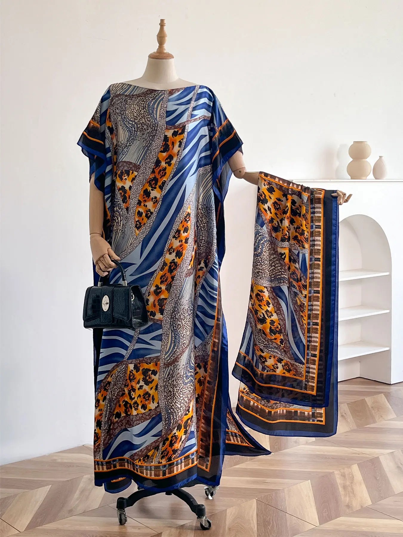 Women'S Leopard Print Long Sleeve Kimono & Scarf Set, Casual Open Front Outerwear & Shawl, Ladies Clothes for Beach Vacation, Beach Swimsuit Coverup, Womenswear, Leopard Pattern